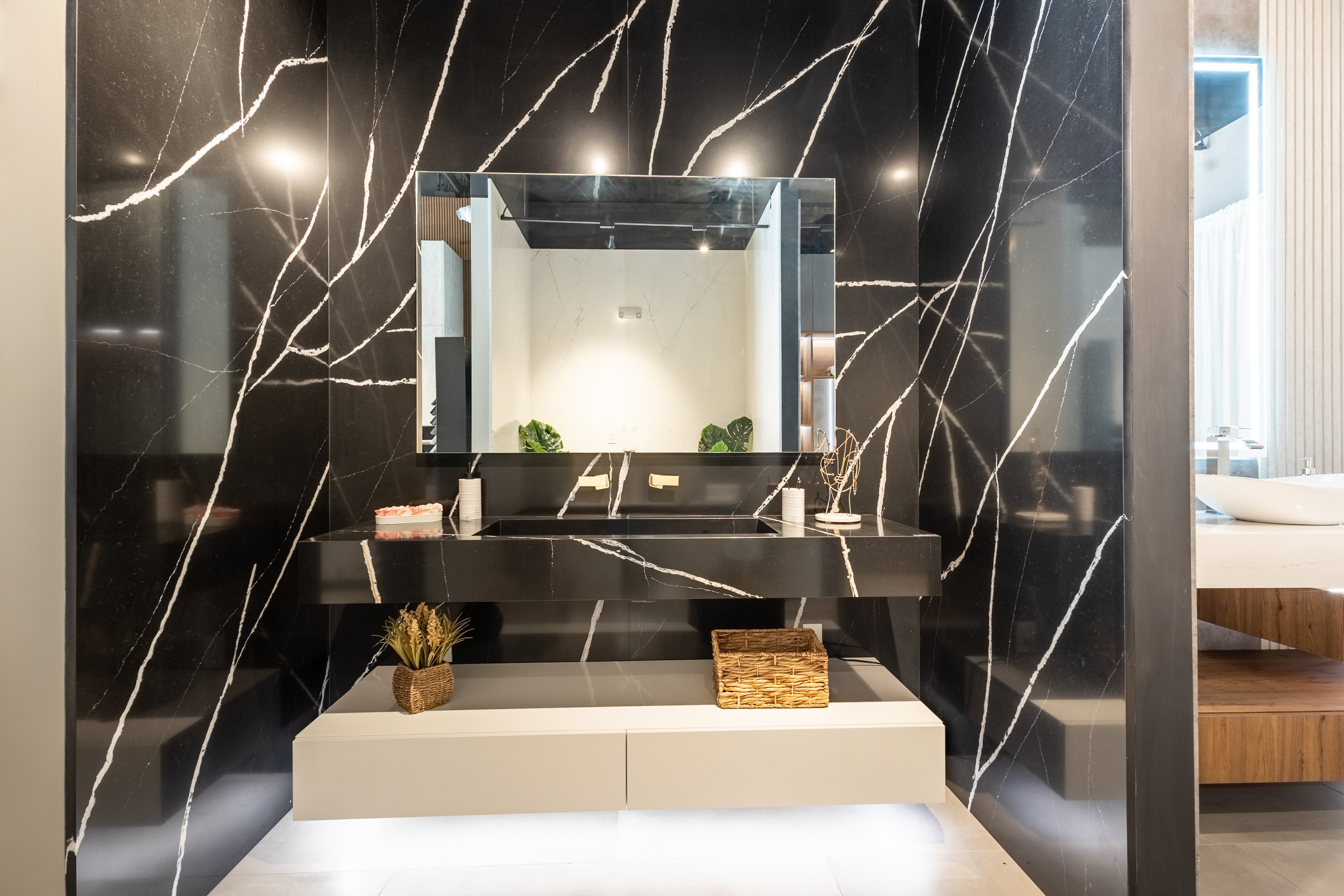 Azzurri Casa Black Stone Bathroom Vanity Sink with Glossy White Storage Cabinet