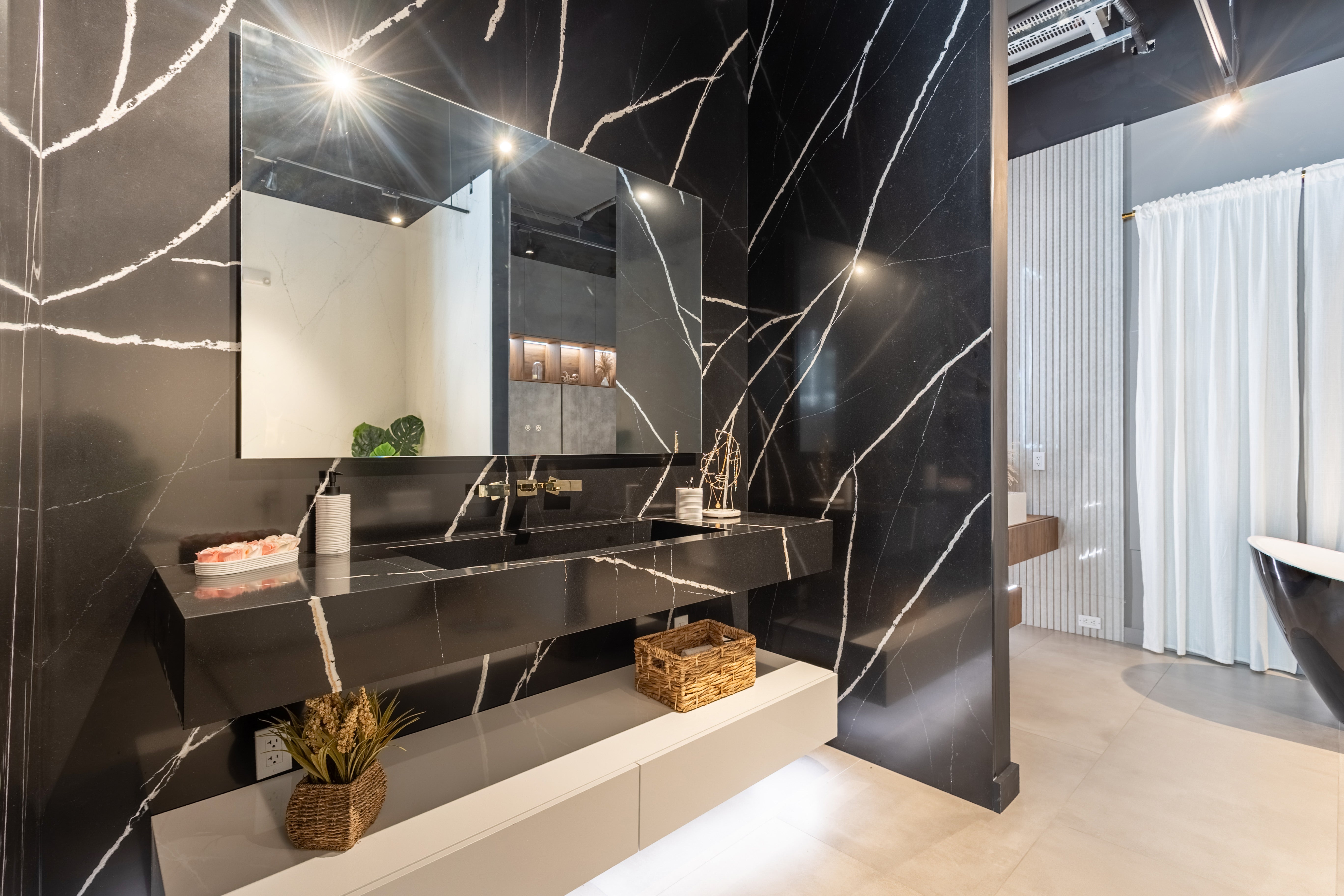 Azzurri Casa Black Stone Bathroom Vanity Sink with Glossy White Storage Cabinet