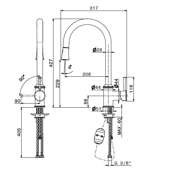 Newform Real 63445.21.018 Chrome Single Lever Faucet with Pull-Down Sprayer