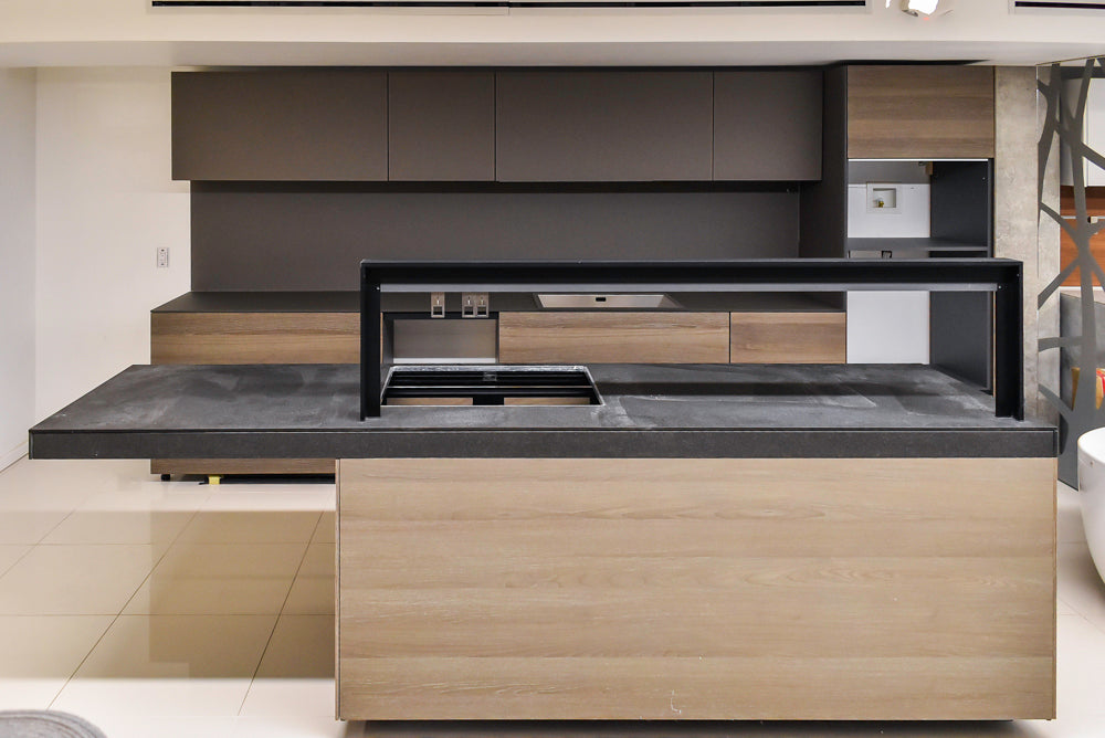 Valcucine Veneer Modern Dark Brown Kitchen and Island with Porcelain Countertops