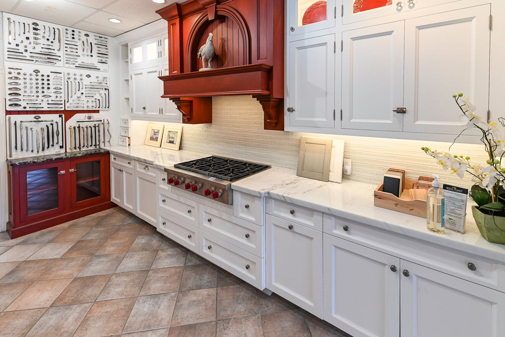 Amish Custom Cabinets with Mahogany Hood in Traditional Classic White Kitchen & Two-Toned Dry Bar