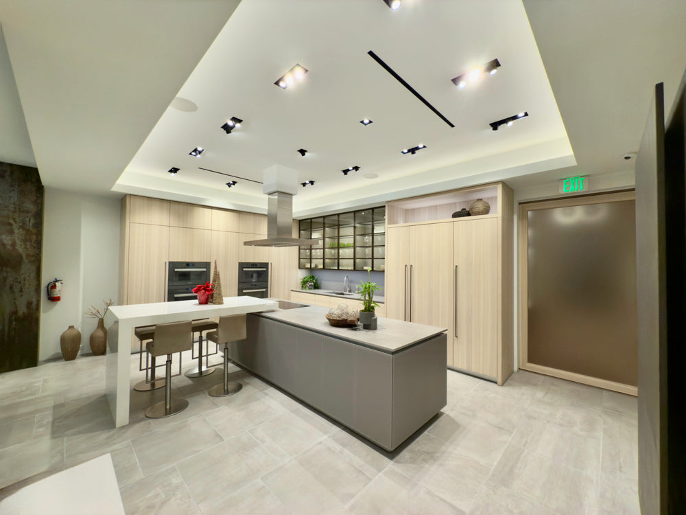 Eggersmann Modern Light Oak Showroom Kitchen with Isand, Miele Appliances & Dekton Keon Countertops