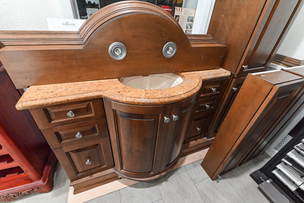 Brown Maple 64" Curved Front Vanity with Countertop, Sink and Faucet