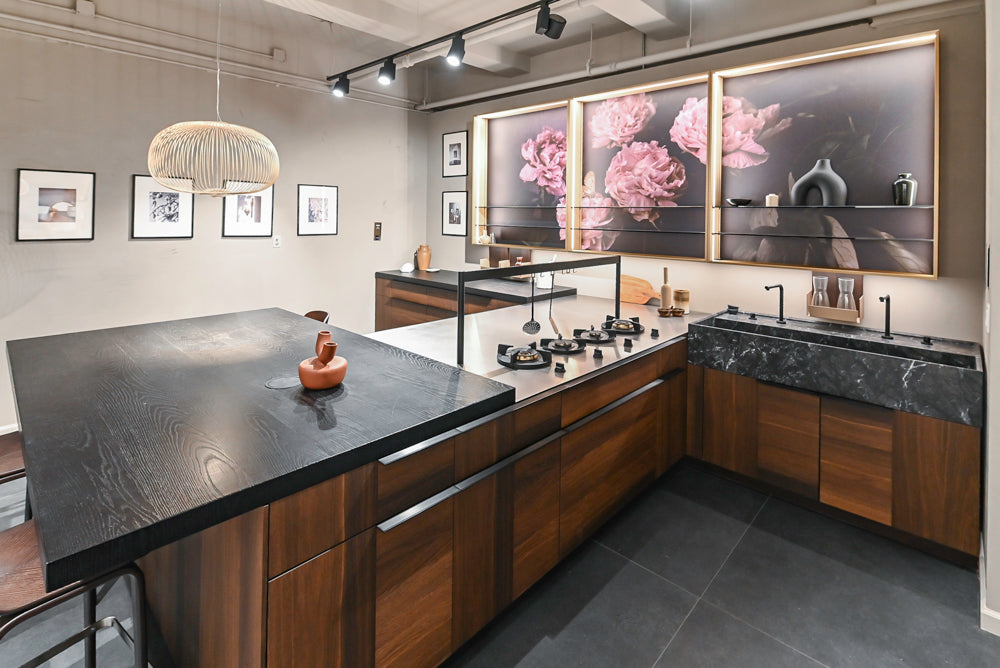 Cesar Modern Dark Wood Tone Kitchen with Black Wood Veneer Countertops and Custom Marble Sink