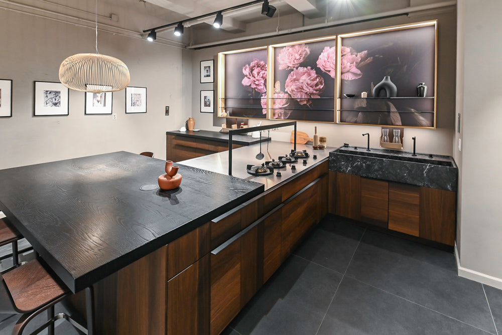 Cesar Modern Dark Wood Tone Kitchen with Black Wood Veneer Countertops and Custom Marble Sink