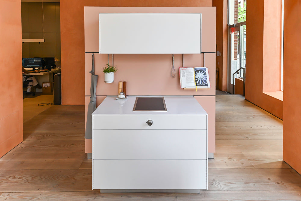 Bulthaup Modern White & Peach Cooking Station with Stone Countertop and 15" Gaggenau Cooktop, Showroom Display