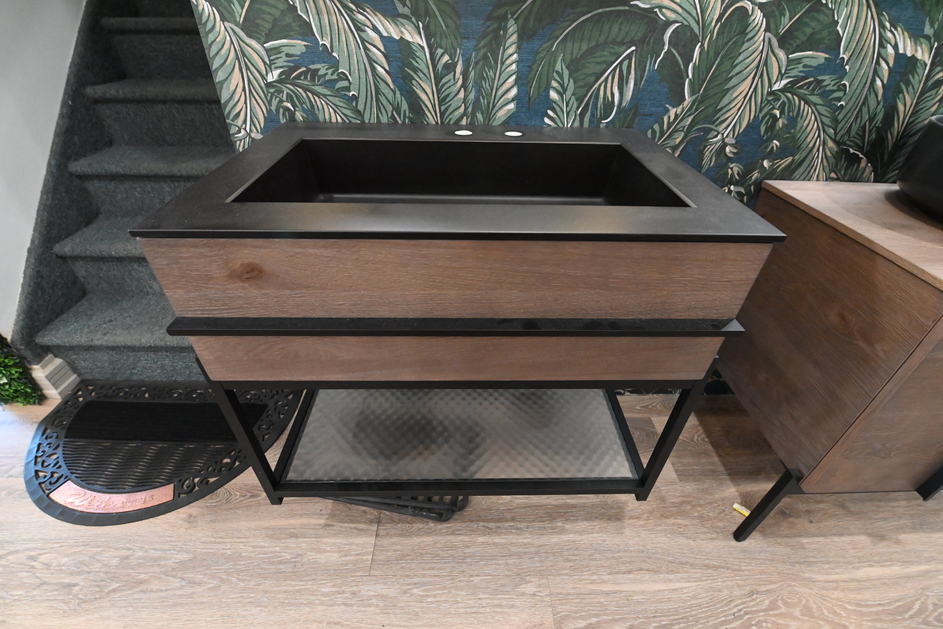 Birex 30" Modern Wood Veneer Floating Vanity with Black Integrated Sink Top