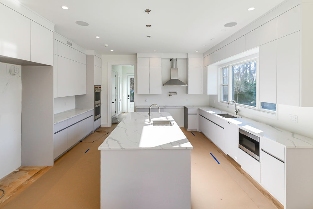 "The Strata" Modern White Textured Wood Kitchen with Island and Quartz ...