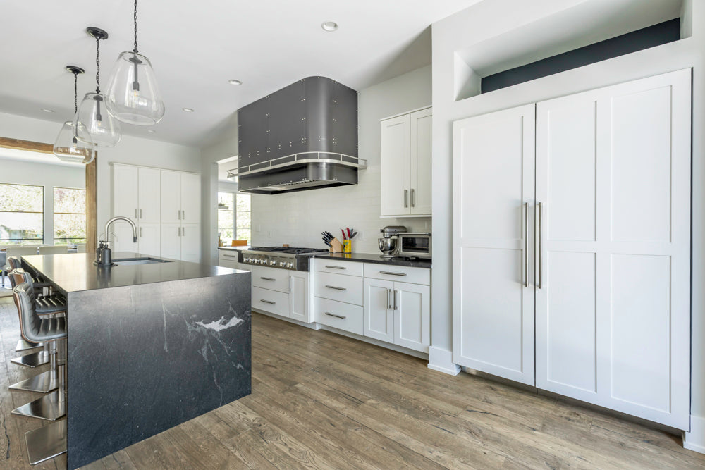 Transitional White Kitchen with Marble Waterfall Island and Thermador ...