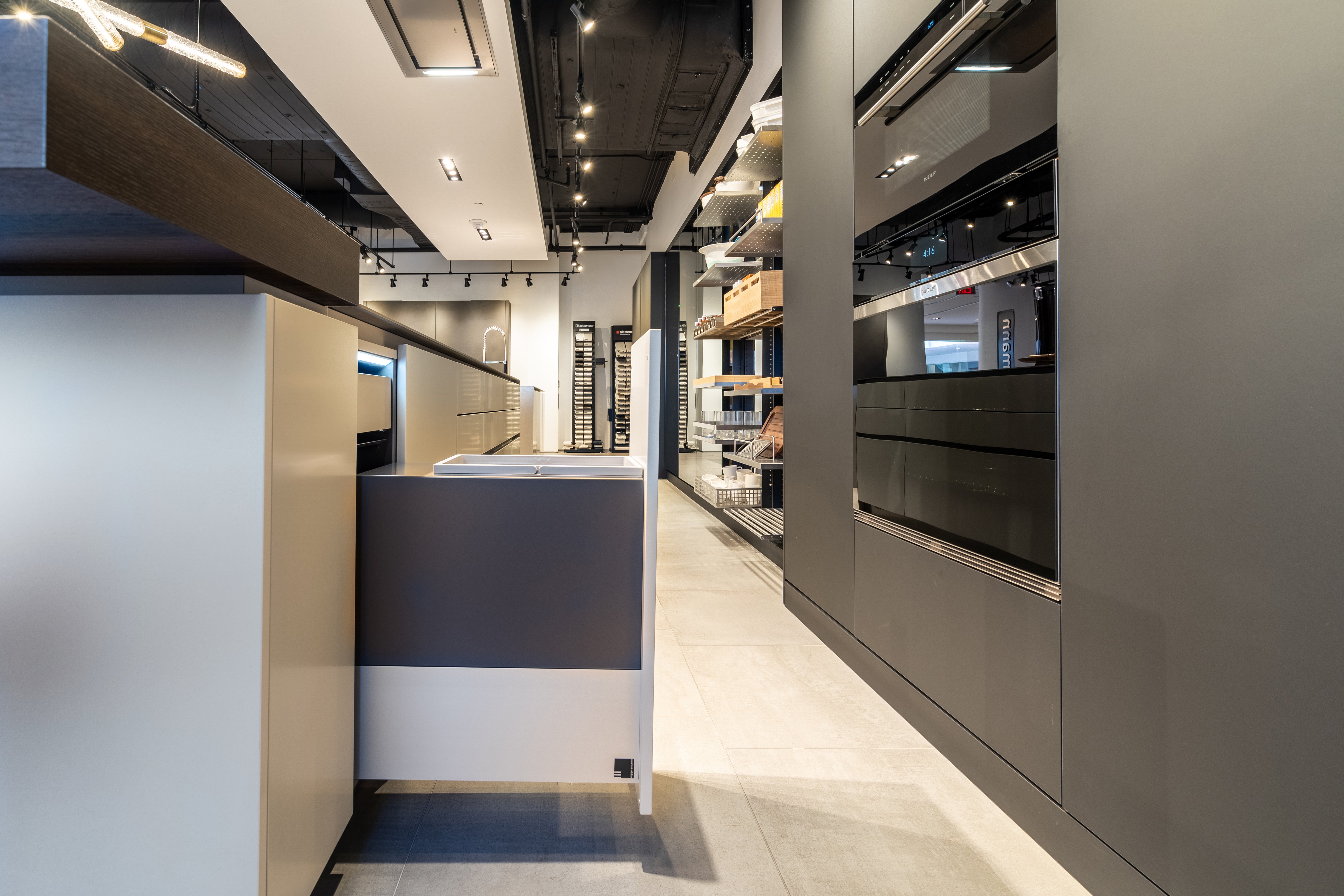 eggersmann USA Black & Grey Work's Glass Modern Kitchen with Sub-Zero & Wolf Appliances
