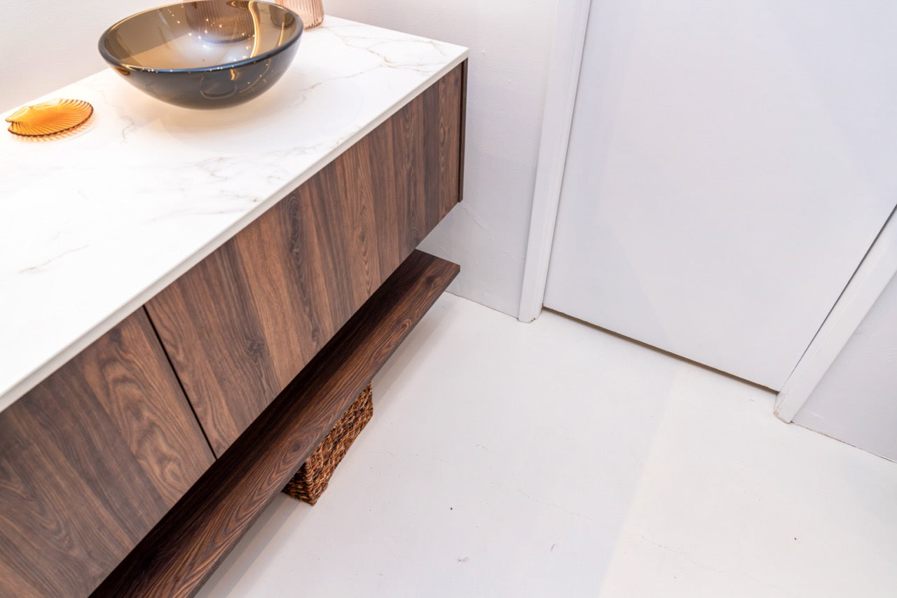 Poggenpohl Smoked Oak Vertical Grain Floating Vanity with Mirror
