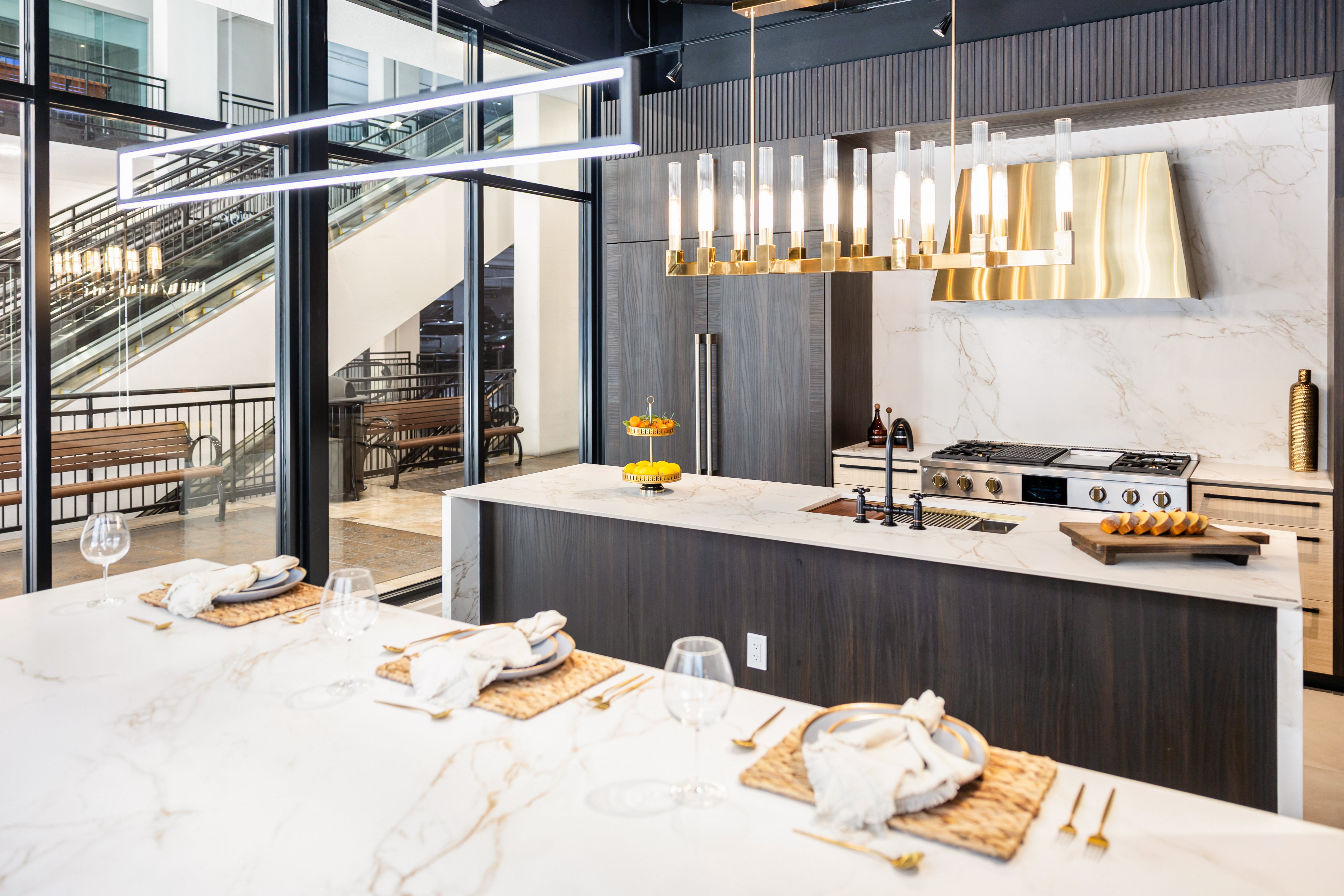 Azzurri Casa Transitional Kitchen with Double Waterfall Island, Dekton Countertops & Monogram Appliances