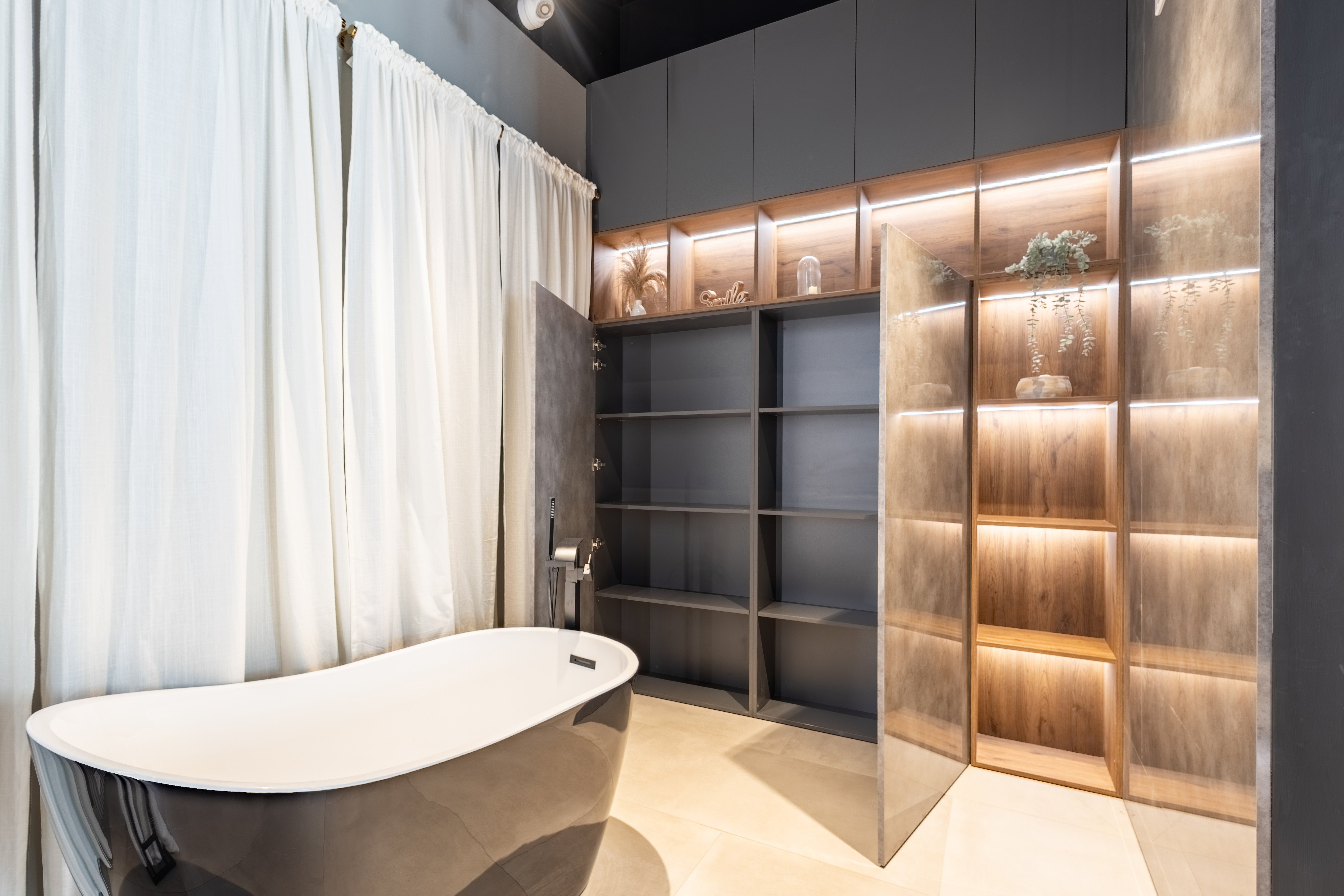 Azzurri Casa Wood Paneled and Matte White Complete Modern Bathroom with Oval Bathtub
