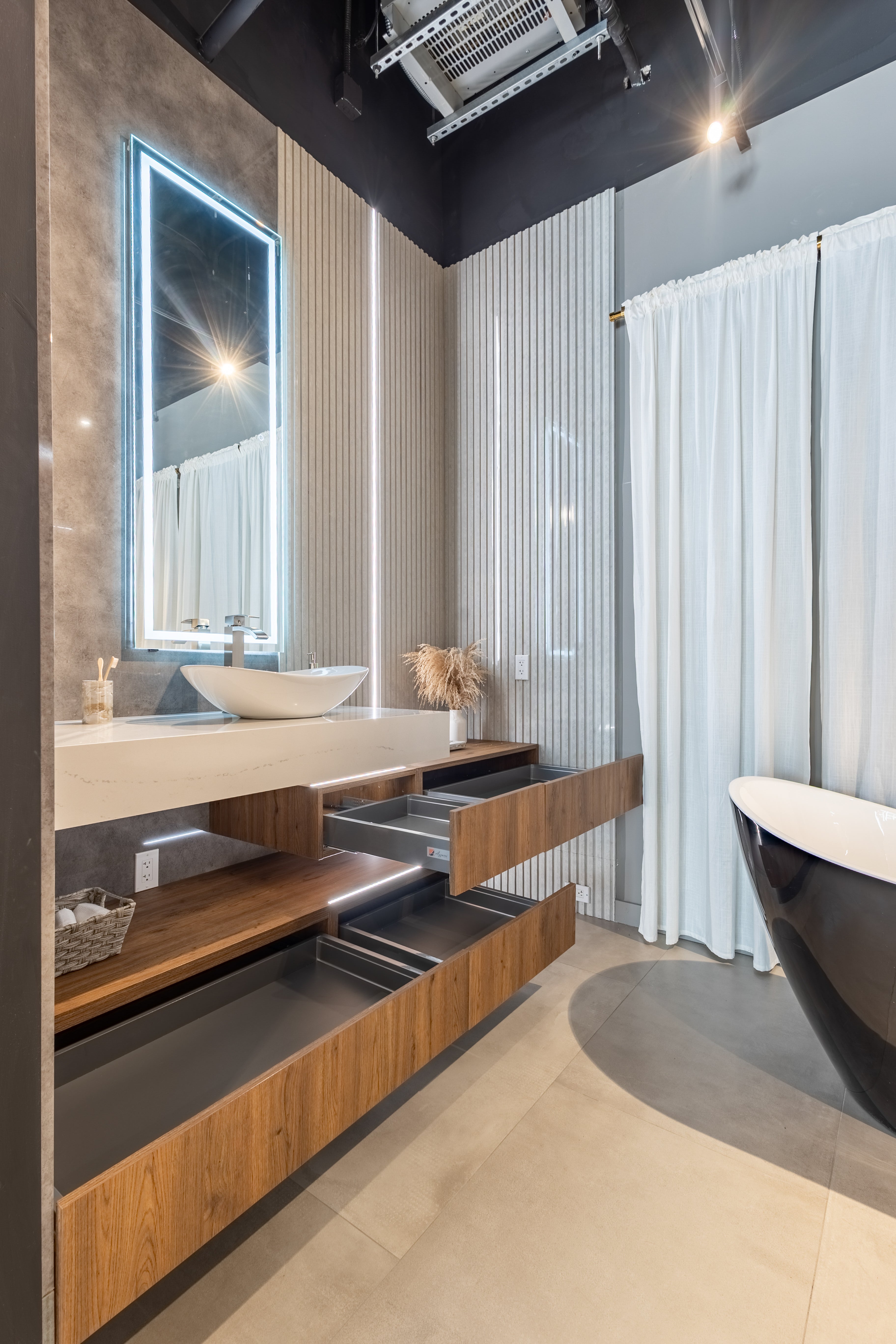 Azzurri Casa Wood Paneled and Matte White Complete Modern Bathroom with Oval Bathtub
