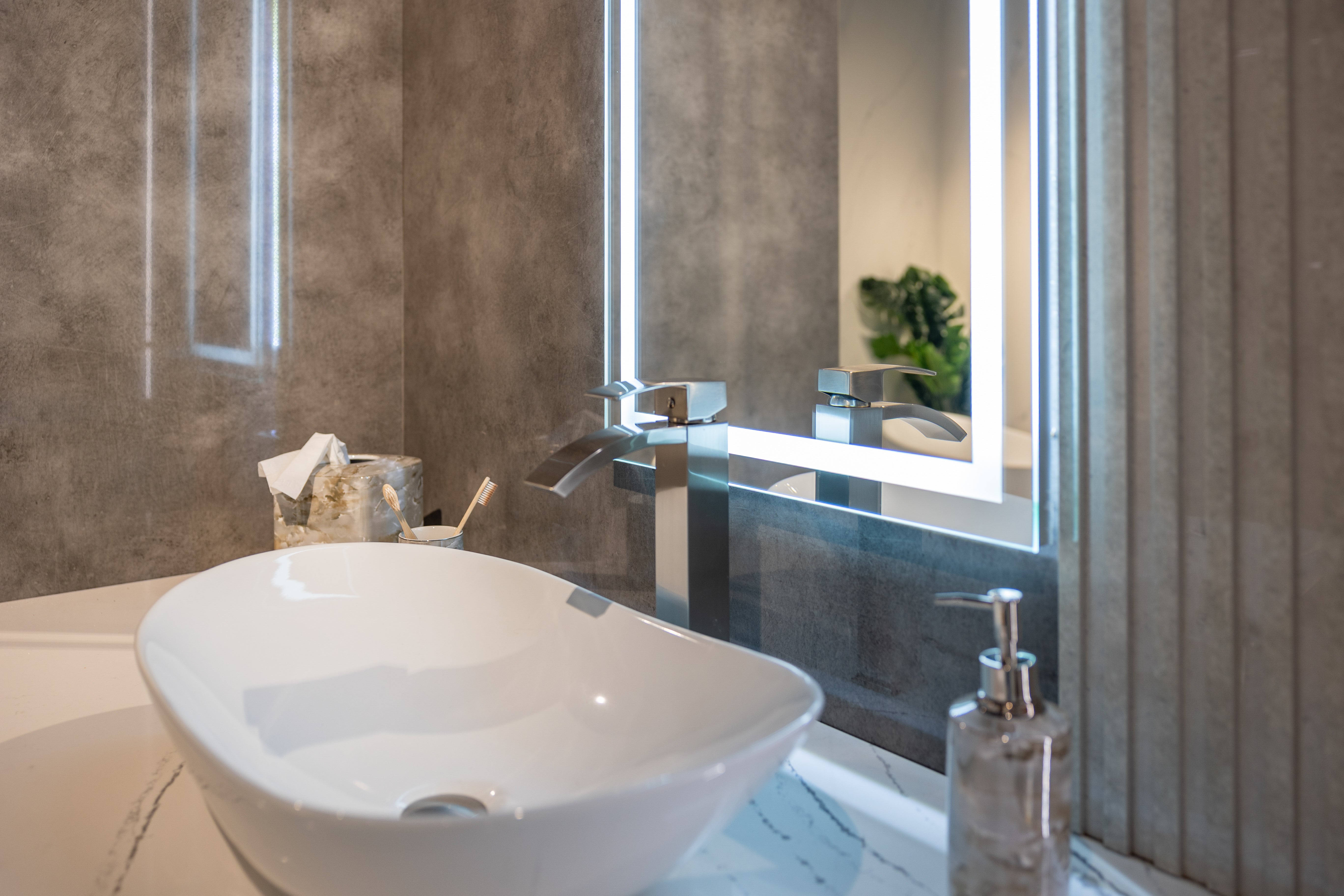 Azzurri Casa Wood Paneled and Matte White Complete Modern Bathroom with Oval Bathtub