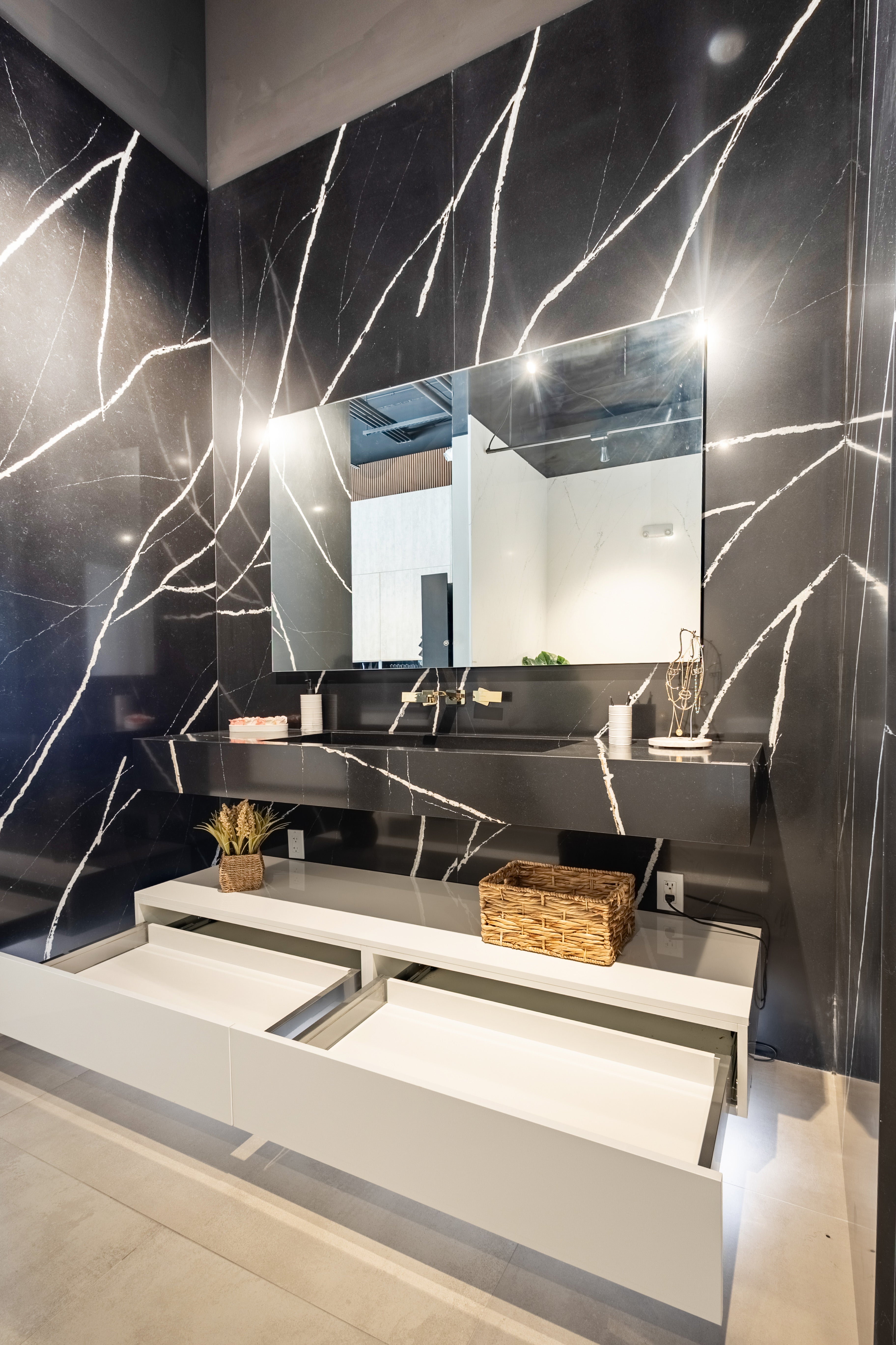 Azzurri Casa Black Stone Bathroom Vanity Sink with Glossy White Storage Cabinet