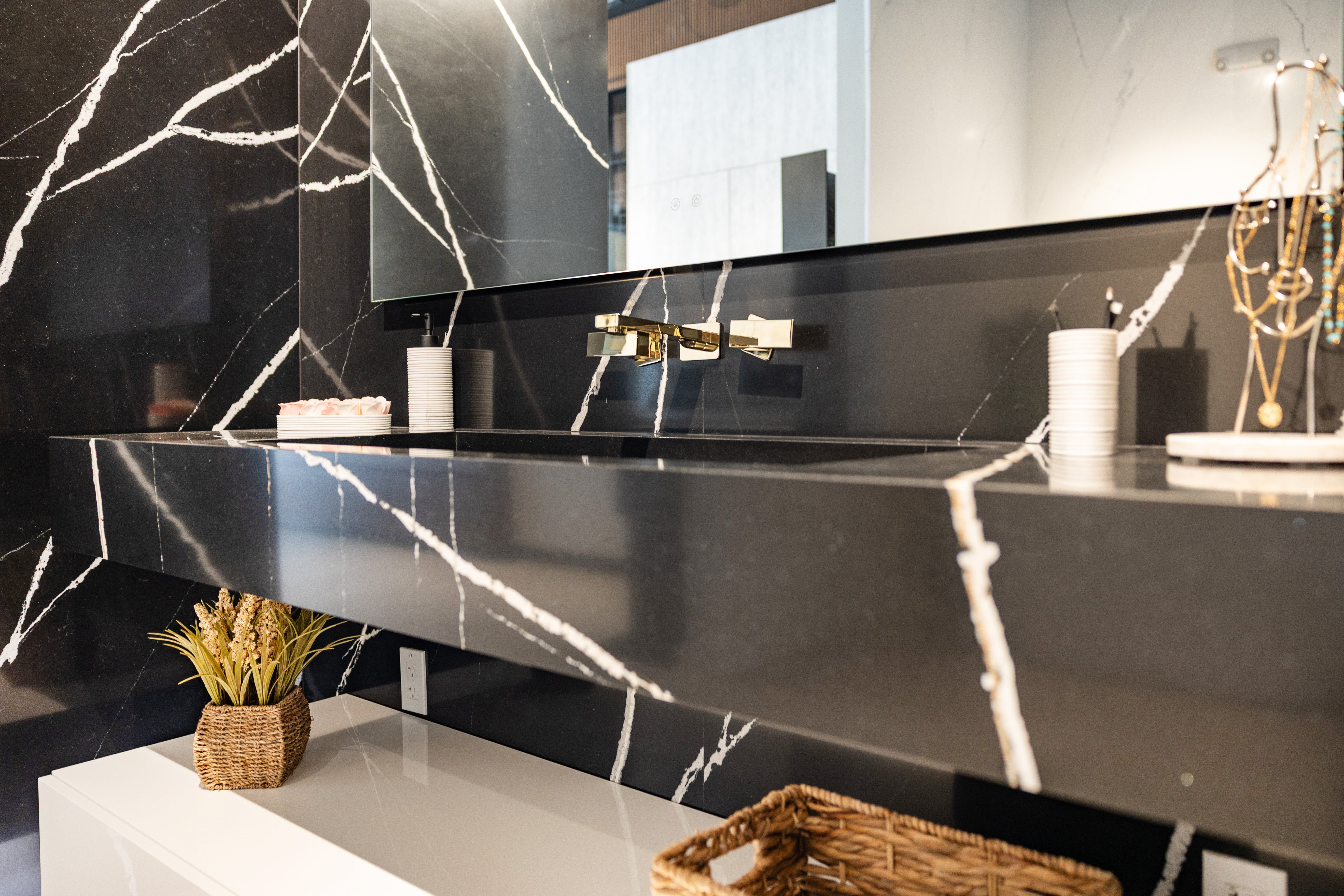 Azzurri Casa Black Stone Bathroom Vanity Sink with Glossy White Storage Cabinet