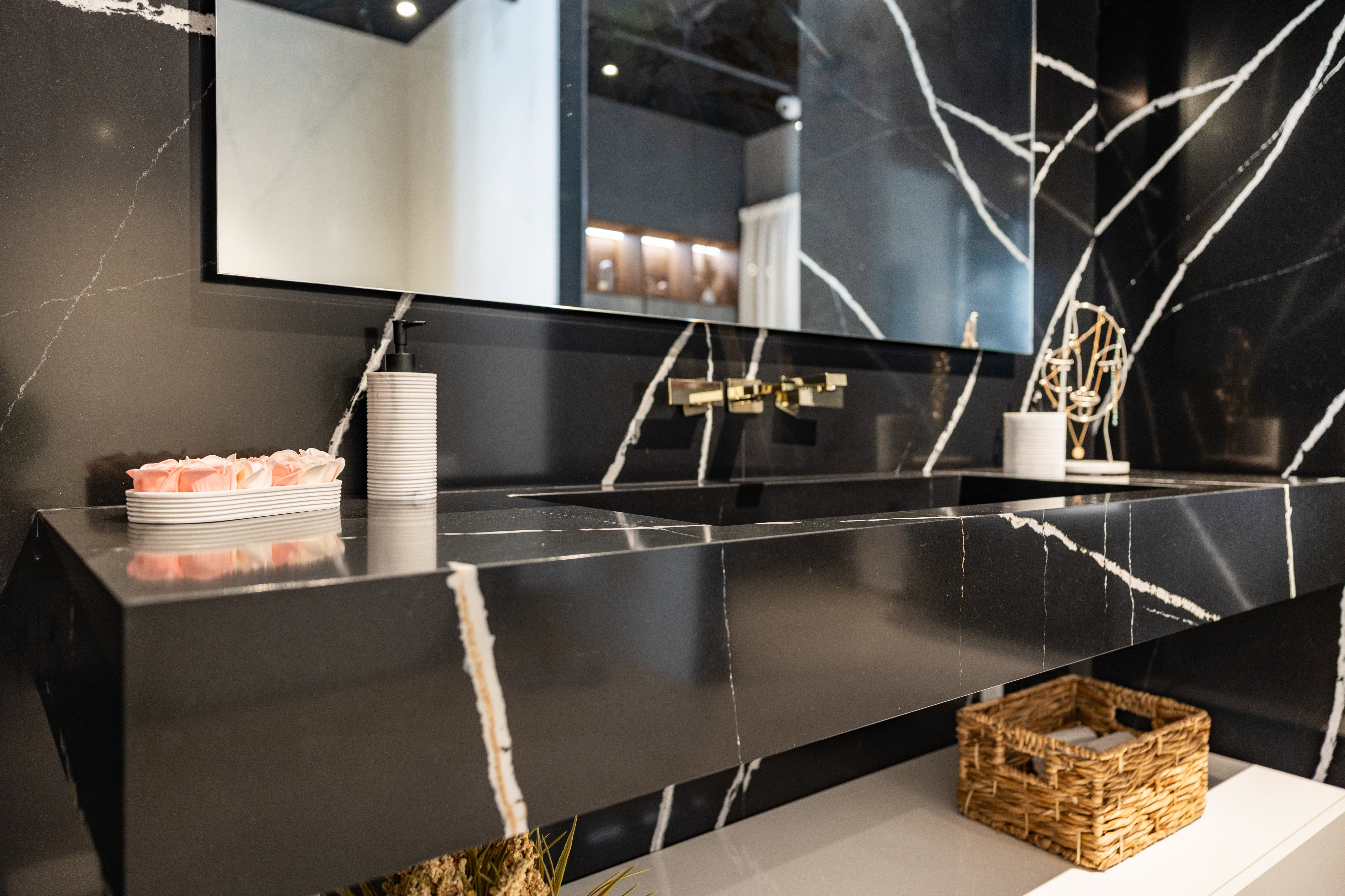 Azzurri Casa Black Stone Bathroom Vanity Sink with Glossy White Storage Cabinet