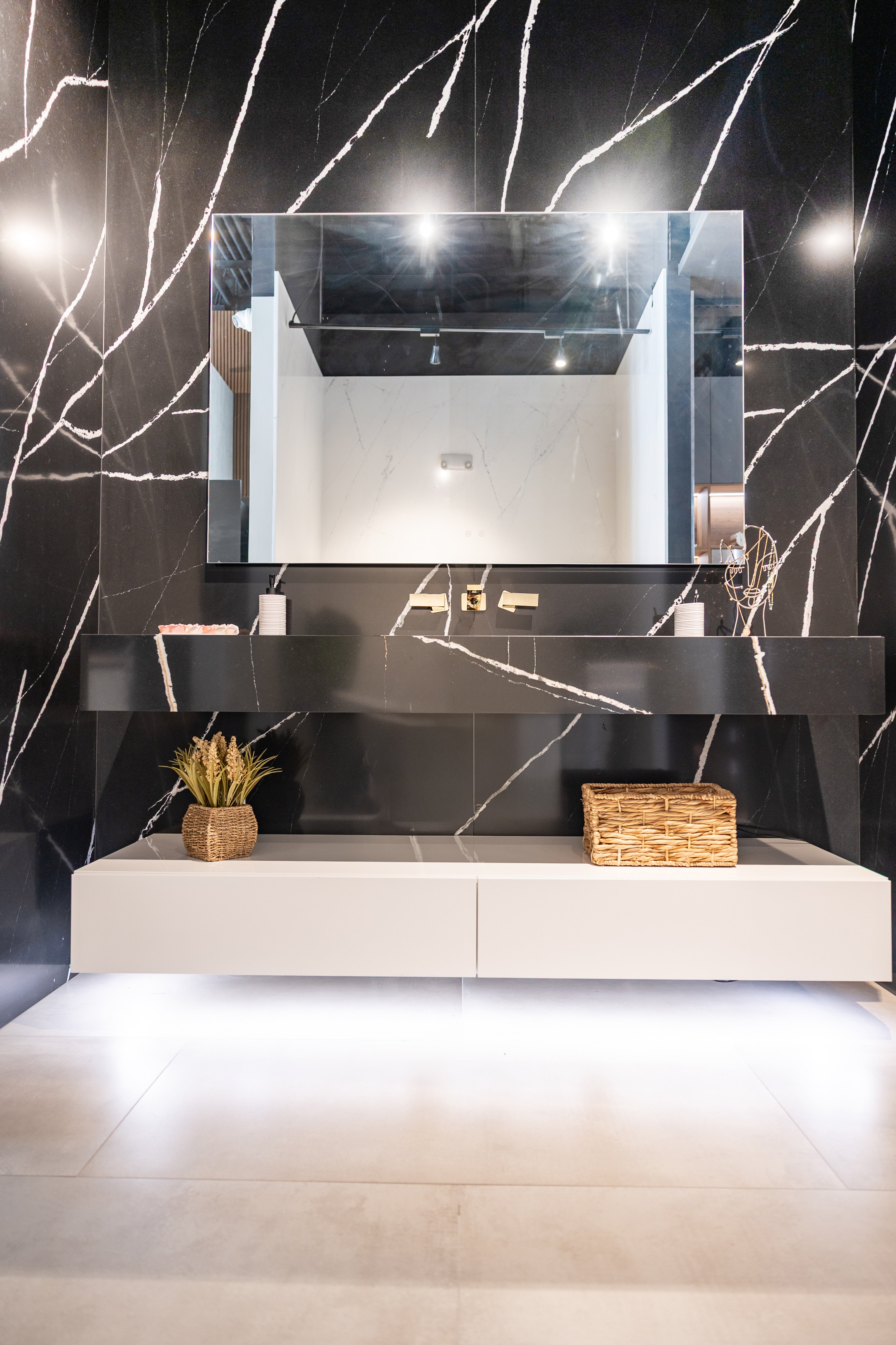 Azzurri Casa Black Stone Bathroom Vanity Sink with Glossy White Storage Cabinet