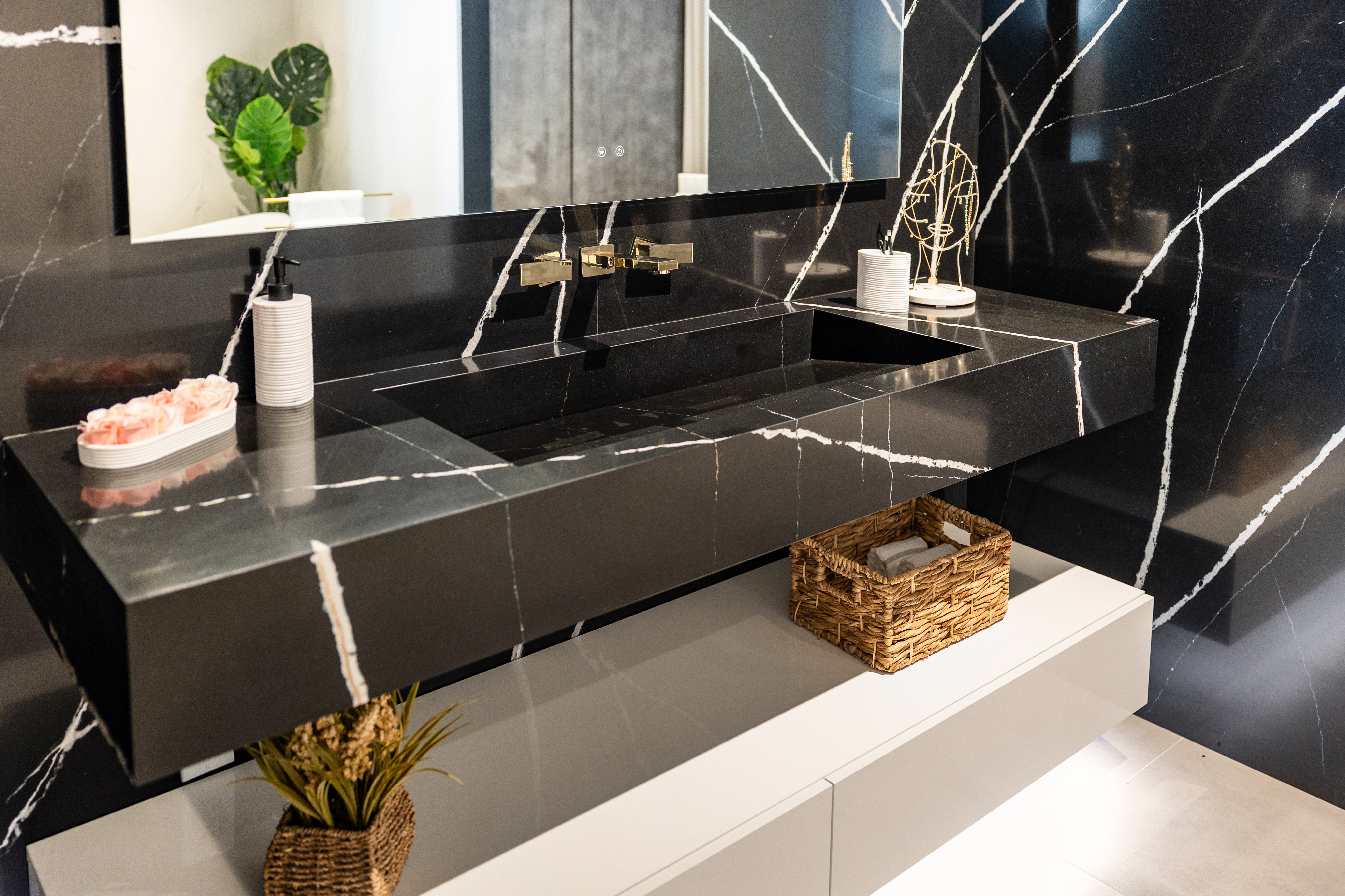 Azzurri Casa Black Stone Bathroom Vanity Sink with Glossy White Storage Cabinet