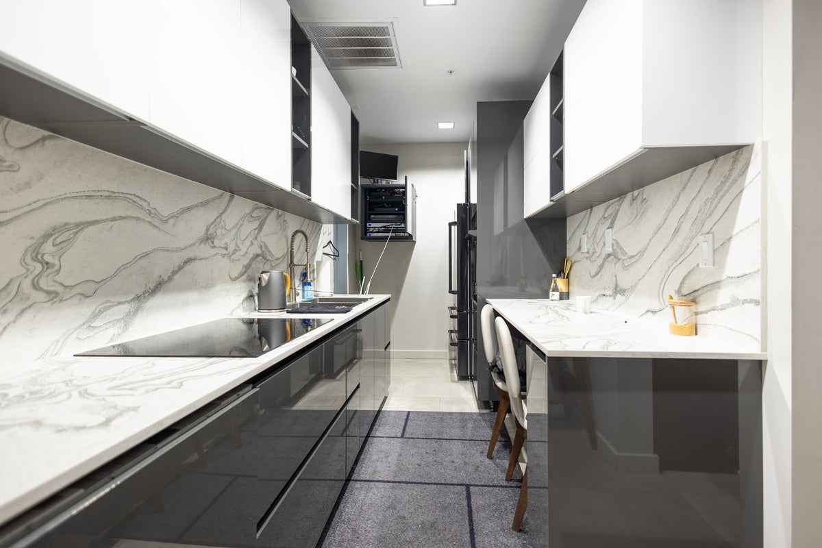 Azzurri Casa Glossy Grey & White Kitchen with Dekton Countertops