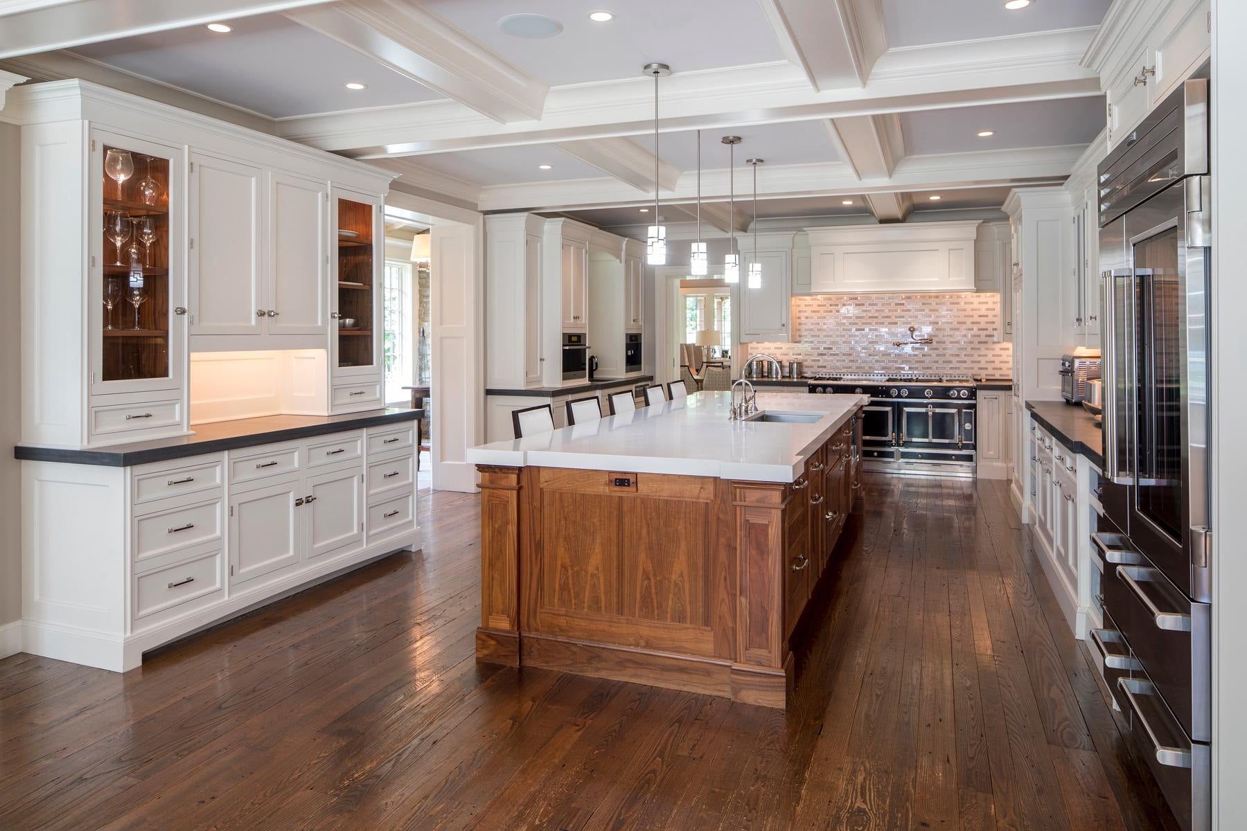 Christopher Peacock Transitional White Kitchen with Island, La Cornue 165 Range & Miele Appliances
