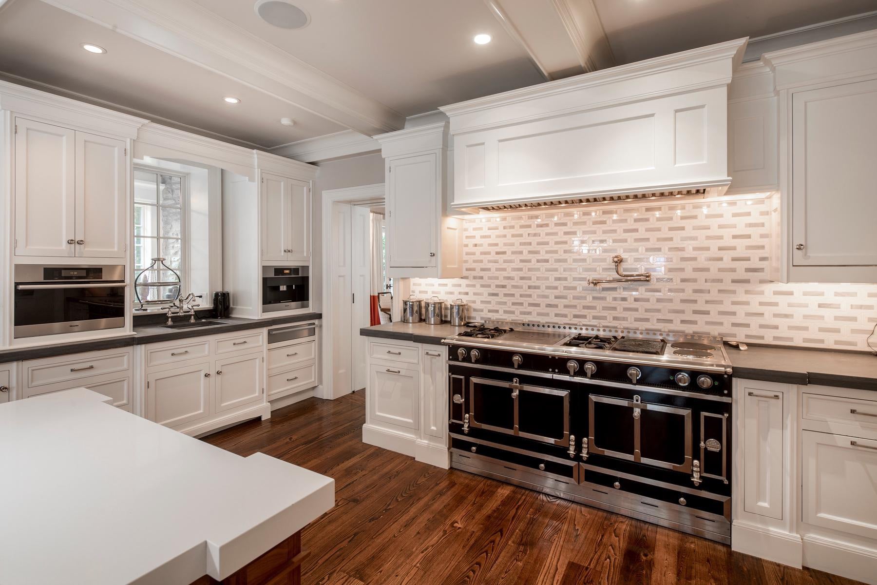 Christopher Peacock Transitional White Kitchen with Island, La Cornue 165 Range & Miele Appliances