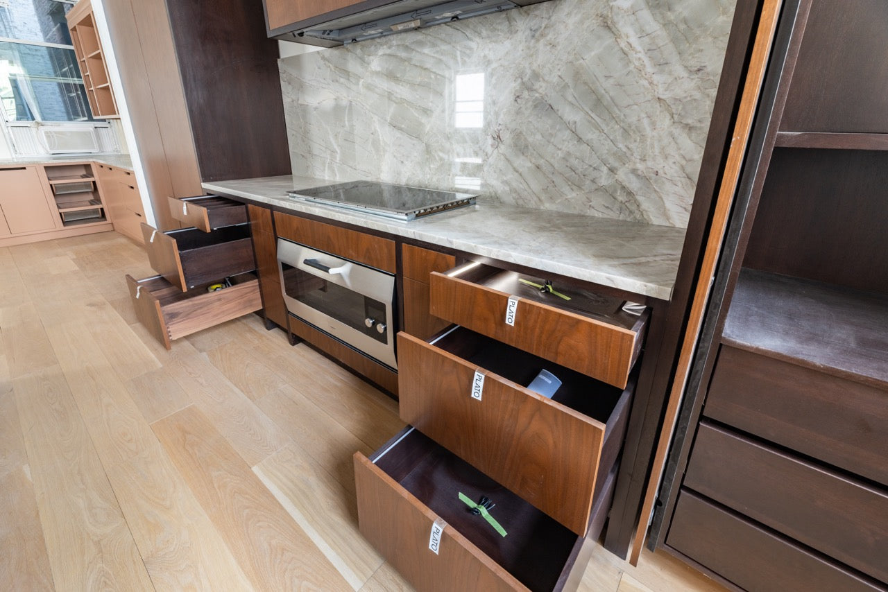 Plato Natural Walnut & Espresso Modern Kitchen with Gaggenau Appliances