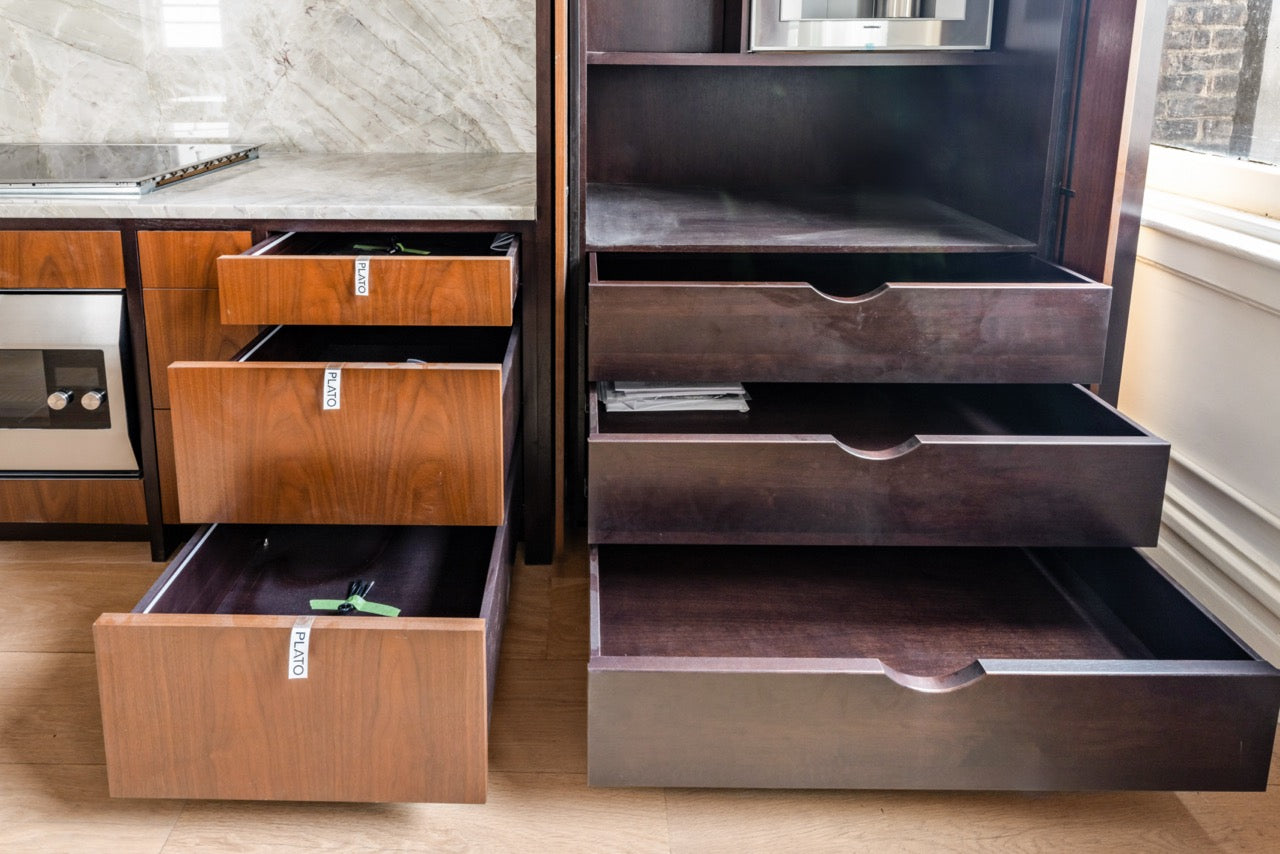 Plato Natural Walnut & Espresso Modern Kitchen with Gaggenau Appliances