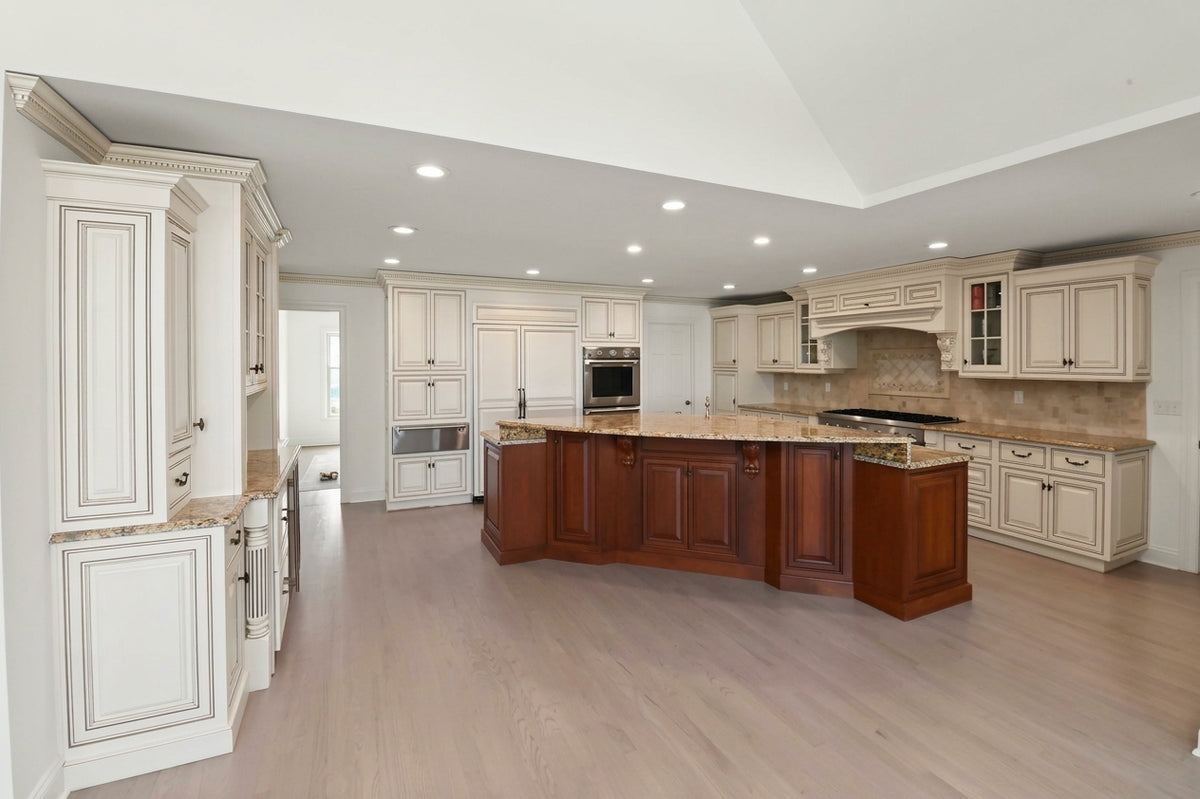 "The Montacute" Traditional Off White Kitchen with Wood Island & Appliances