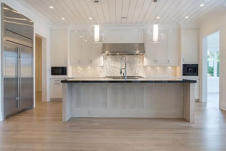 Custom Transitional White Kitchen with Natural Wood Toned Island, Quartz and Granite Countertops, 60" Wolf Range and Appliances