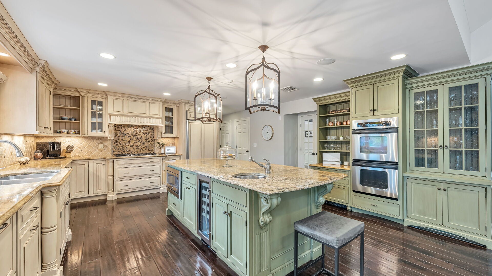 Custom Traditional Two-Tone Distressed Kitchen with Granite Countertops, Island and Appliances