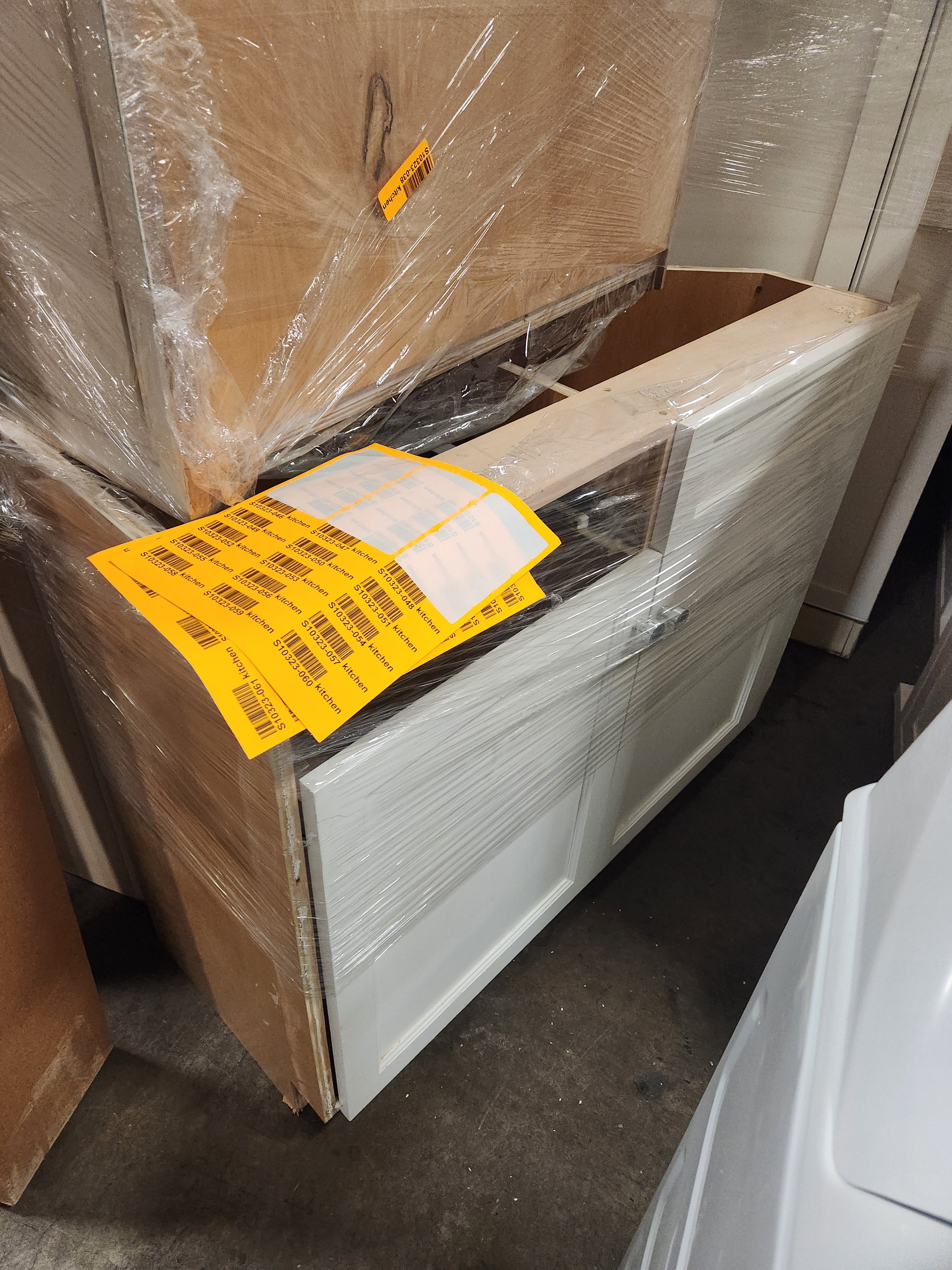 Prevo Transitional White Complete Kitchen Cabinets with Brown Wooden Island