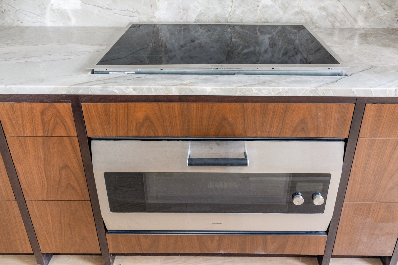 Plato Natural Walnut & Espresso Modern Kitchen with Gaggenau Appliances