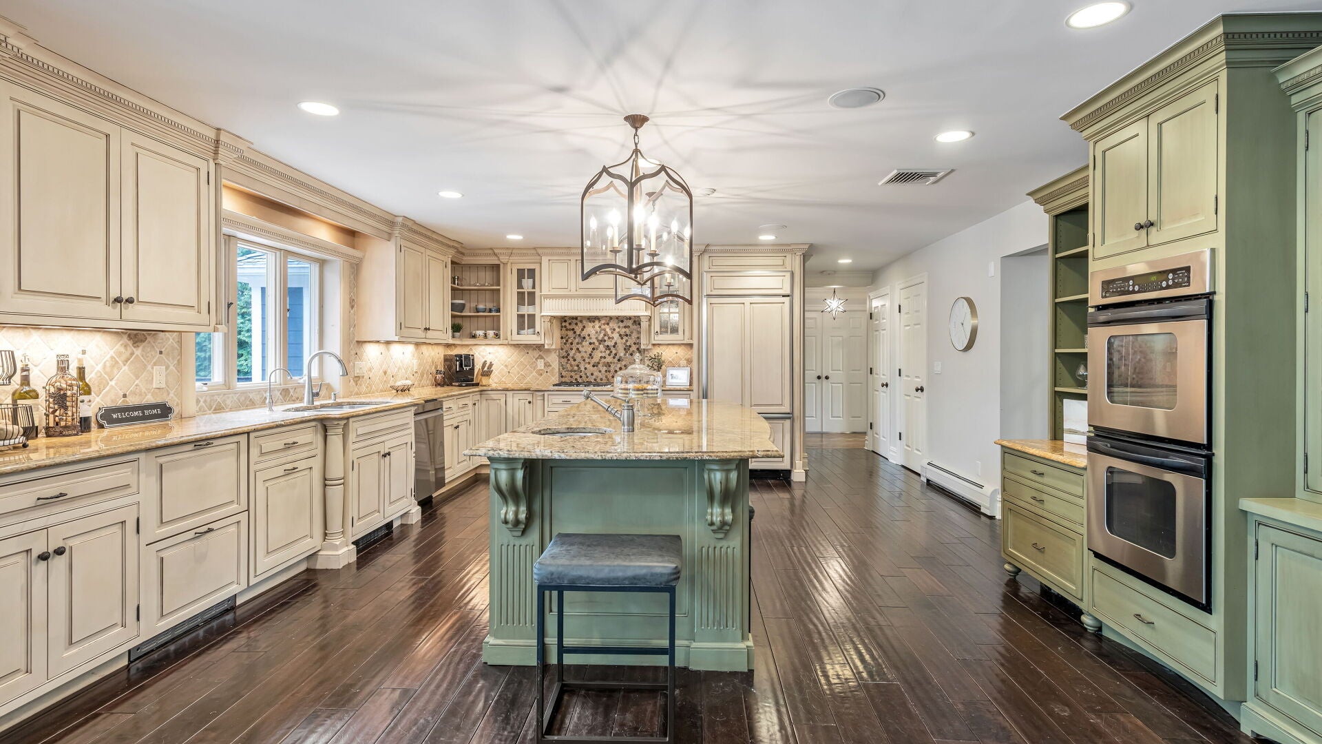 Custom Traditional Two-Tone Distressed Kitchen with Granite Countertops, Island and Appliances