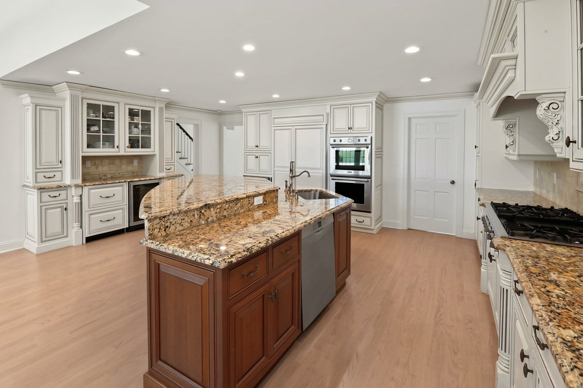 "The Montacute" Traditional Off White Kitchen with Wood Island & Appliances