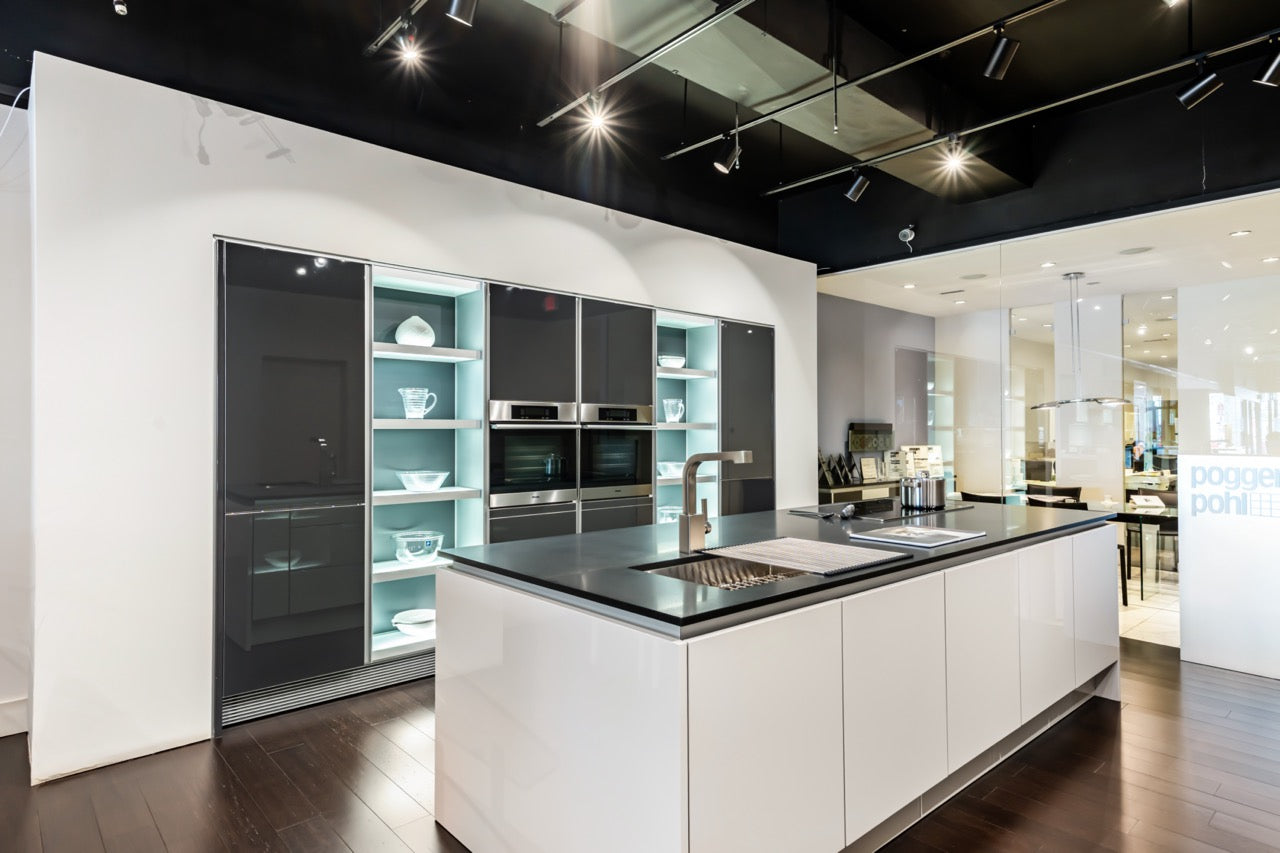 Poggenpohl high gloss beige and titan grey kitchen set with integrated Miele appliances