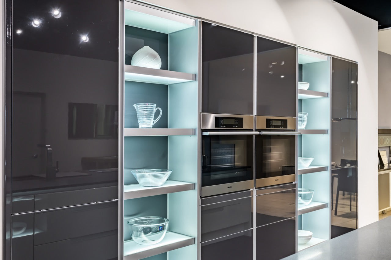 Modern German handleless kitchen island in high gloss titan grey and beige finish