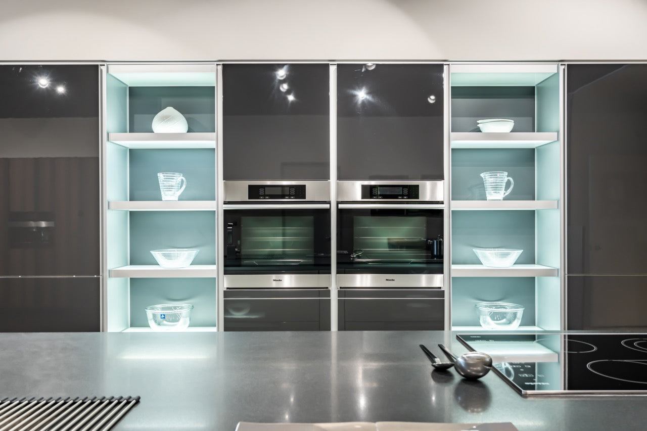 Poggenpohl Modern High Gloss Beige & Titan Grey Kitchen with Miele Appliances