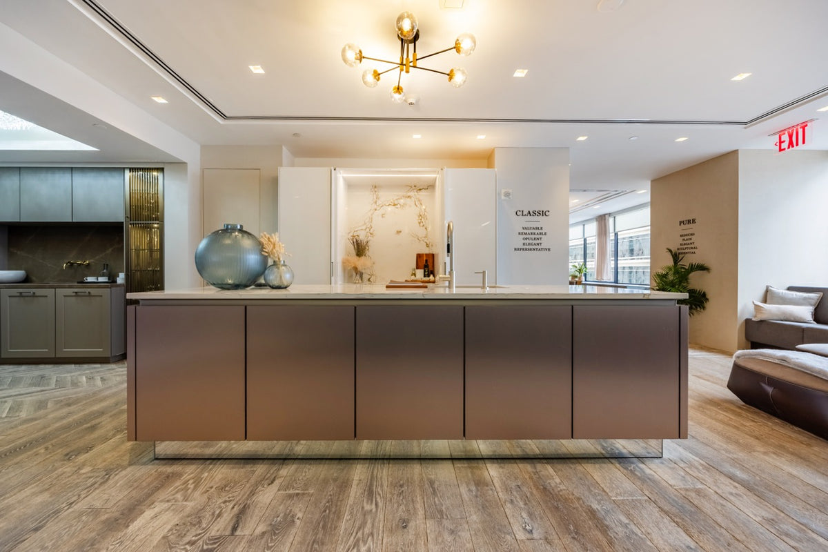 SieMatic S2 Modern Rose Gold Handleless Island with Lotus White Hideaway Pantry | photo 1