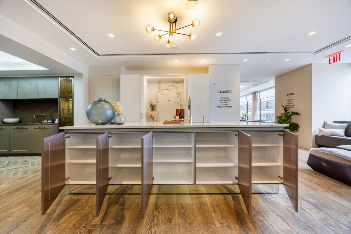 SieMatic S2 Modern Rose Gold Handleless Island with Lotus White Hideaway Pantry | photo 9