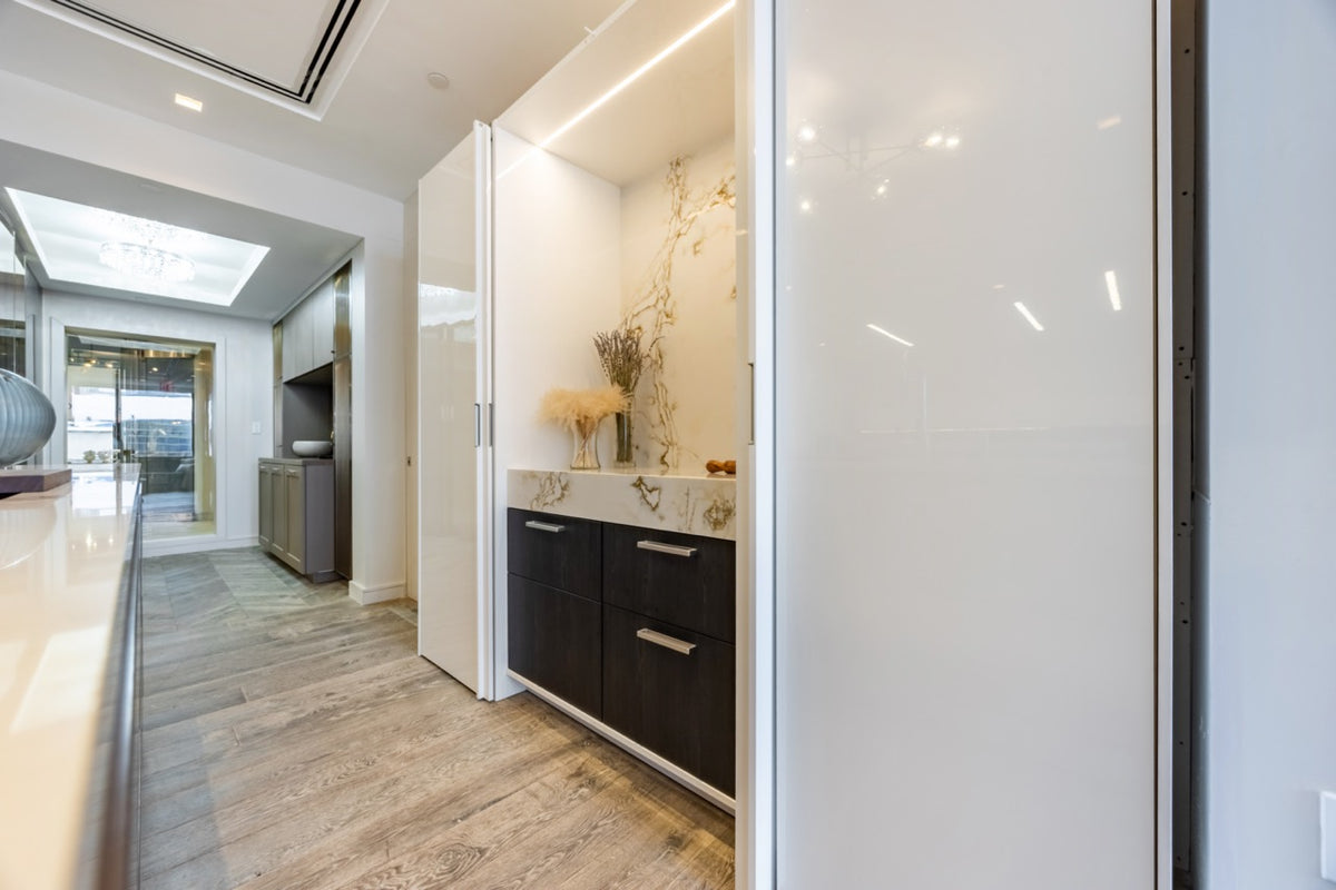 SieMatic S2 Modern Rose Gold Handleless Island with Lotus White Hideaway Pantry | photo 11