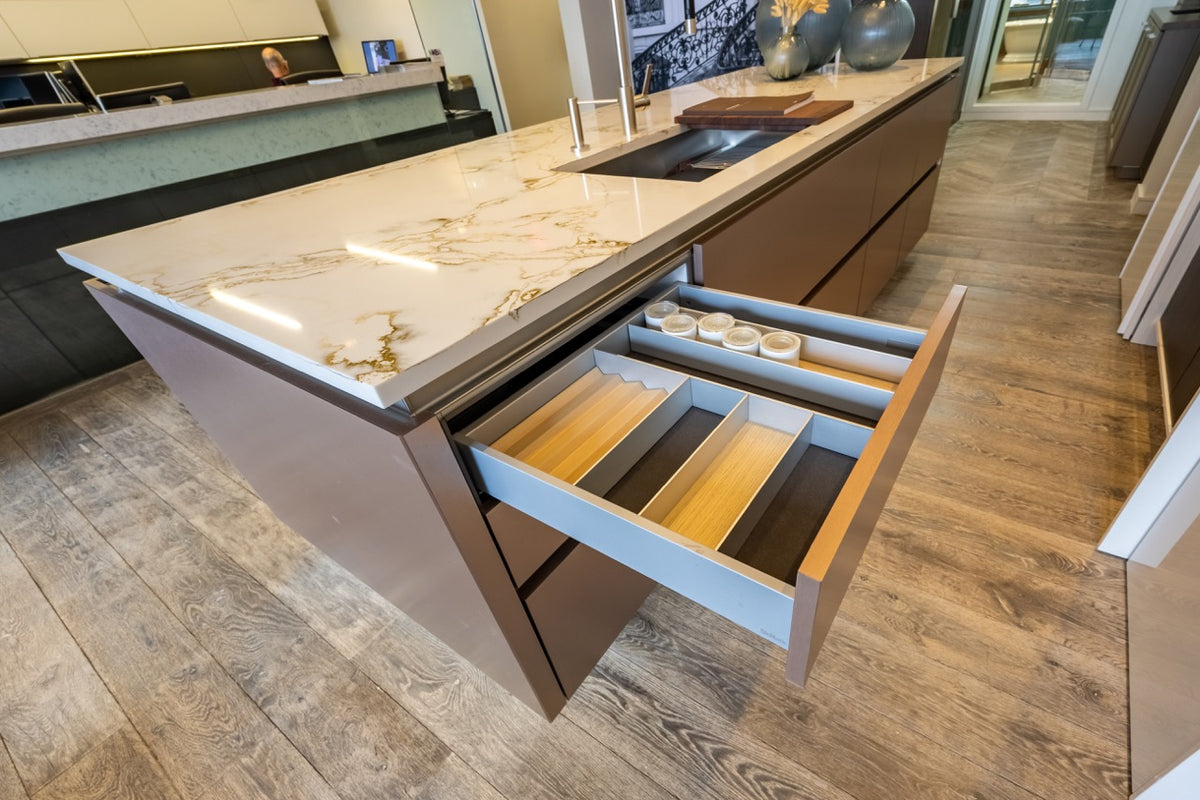 SieMatic S2 Modern Rose Gold Handleless Island with Lotus White Hideaway Pantry | photo 22