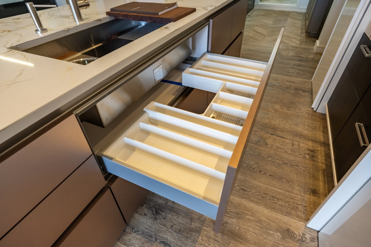 SieMatic S2 Modern Rose Gold Handleless Island with Lotus White Hideaway Pantry | photo 24