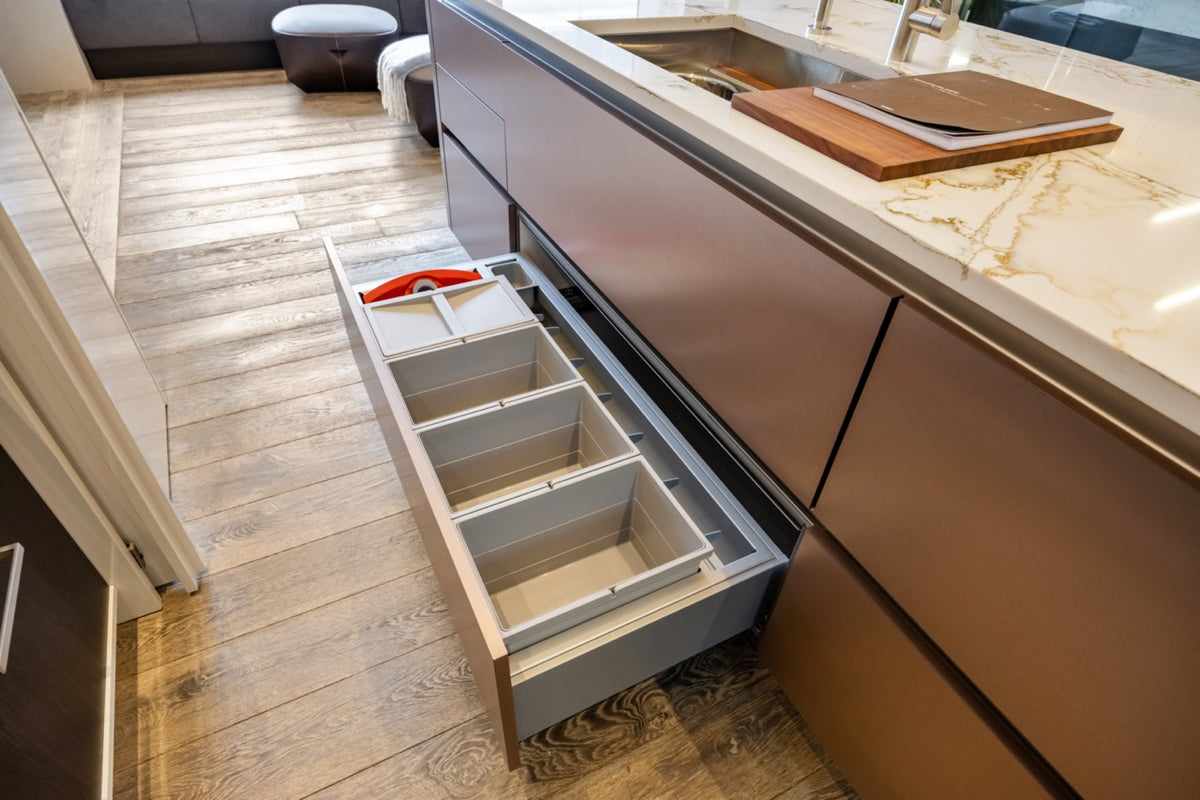 SieMatic S2 Modern Rose Gold Handleless Island with Lotus White Hideaway Pantry | photo 25