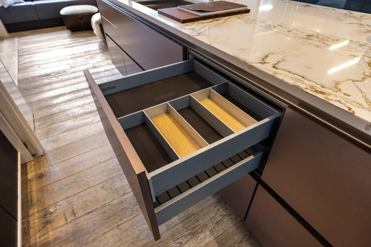 SieMatic S2 Modern Rose Gold Handleless Island with Lotus White Hideaway Pantry | photo 26