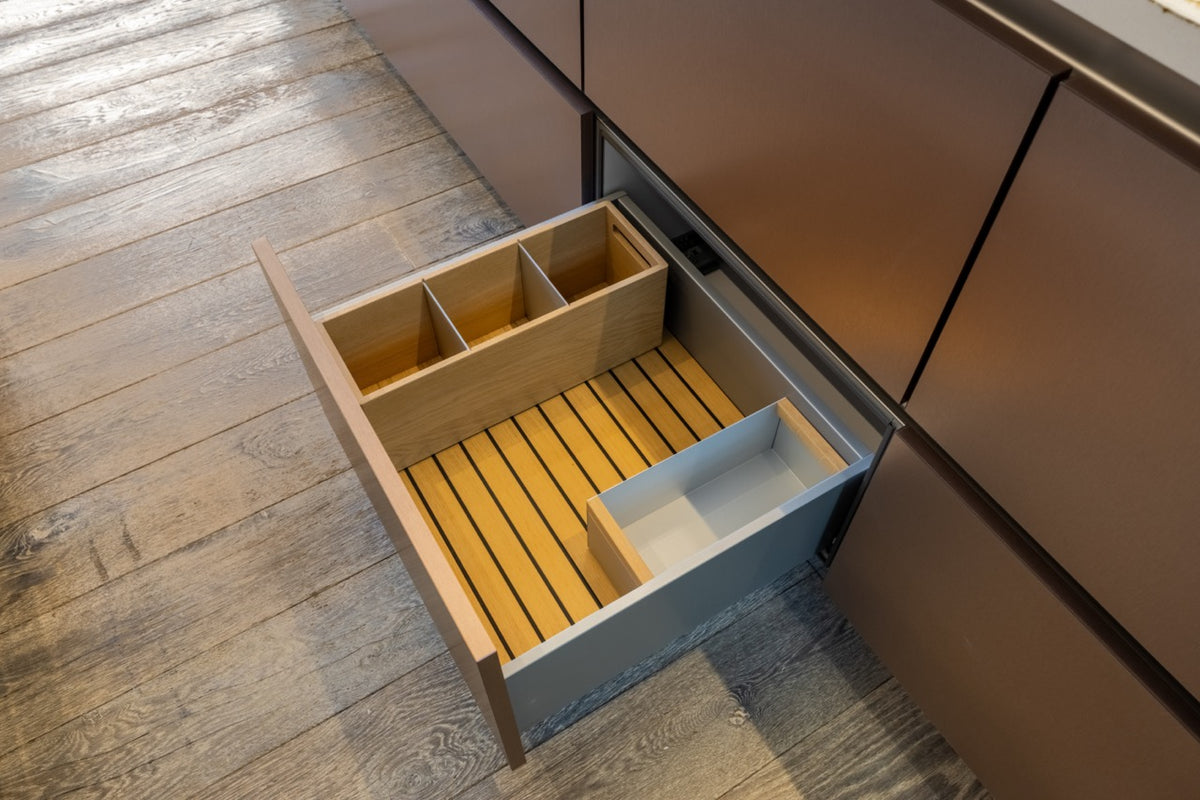 SieMatic S2 Modern Rose Gold Handleless Island with Lotus White Hideaway Pantry | photo 27