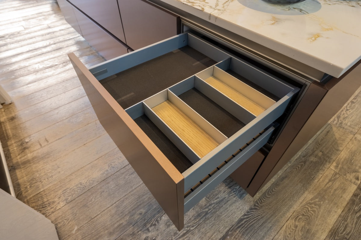SieMatic S2 Modern Rose Gold Handleless Island with Lotus White Hideaway Pantry | photo 28