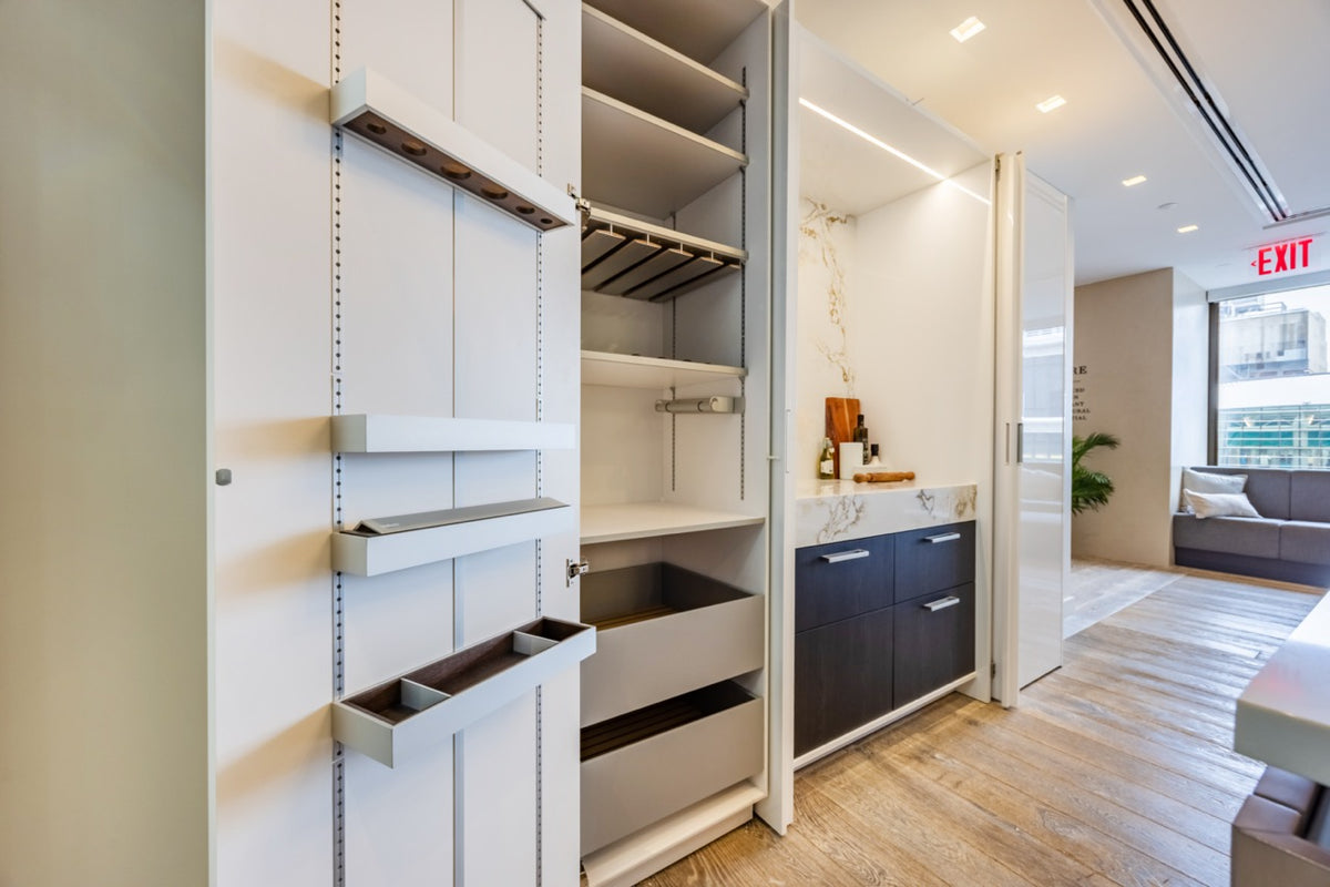 SieMatic S2 Modern Rose Gold Handleless Island with Lotus White Hideaway Pantry | photo 30