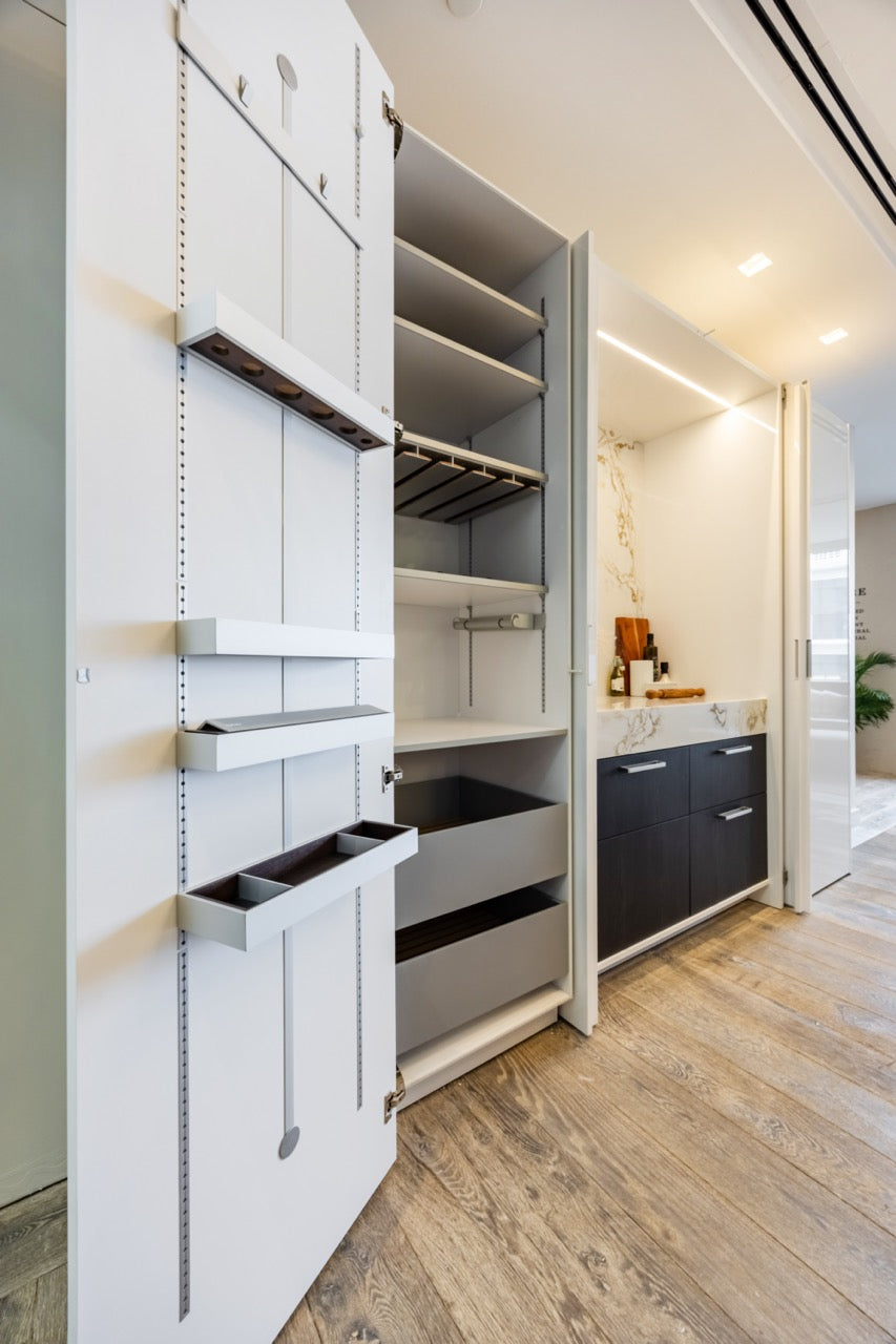 SieMatic S2 Modern Rose Gold Handleless Island with Lotus White Hideaway Pantry | photo 31